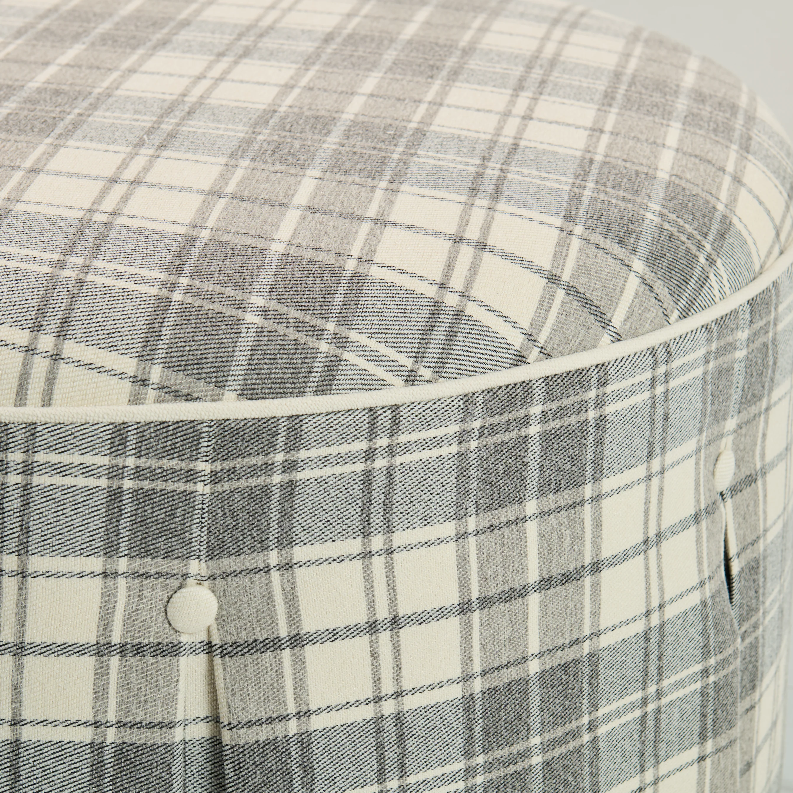 32" Round Skirted Ottoman in Gray Plaid Upholstery Fabric - Image 3