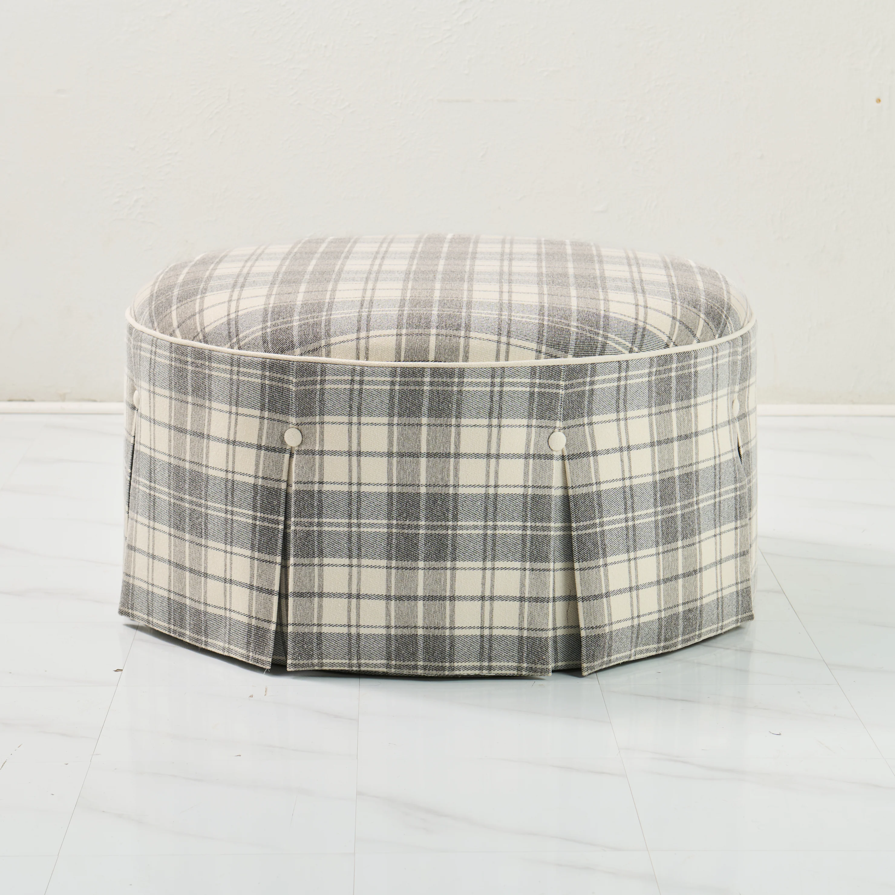 32" Round Skirted Ottoman in Gray Plaid Upholstery Fabric - Image 6