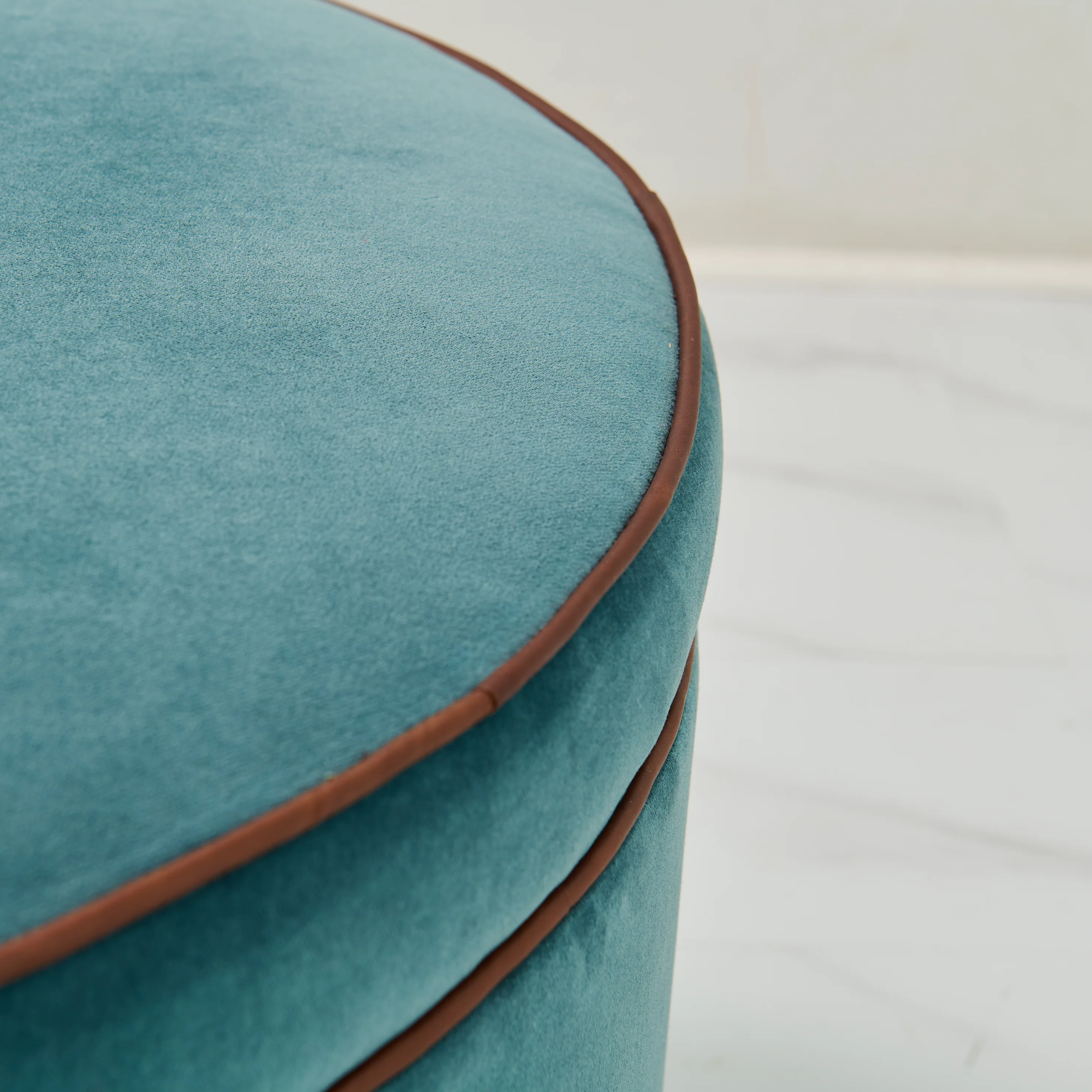 36" Round Ottoman / Coffee Table in Turquoise Mohair Fabric - Brown Leather Trim - Image 3