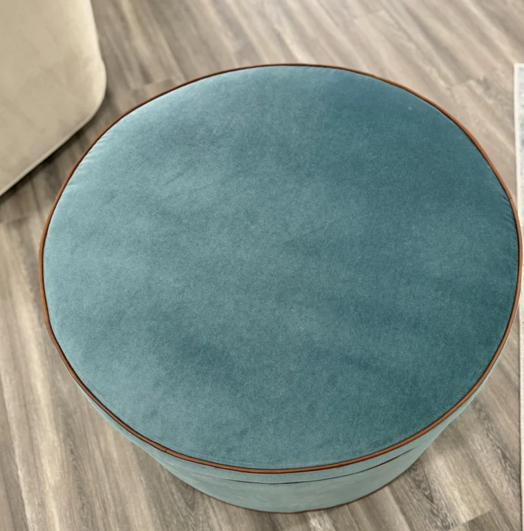36" Round Ottoman / Coffee Table in Turquoise Mohair Fabric - Brown Leather Trim - Image 4