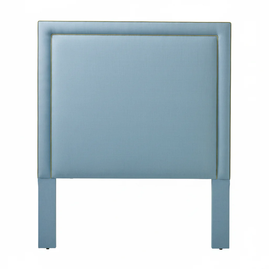 60" H Full Headboard in Blue Linen - Green Trim