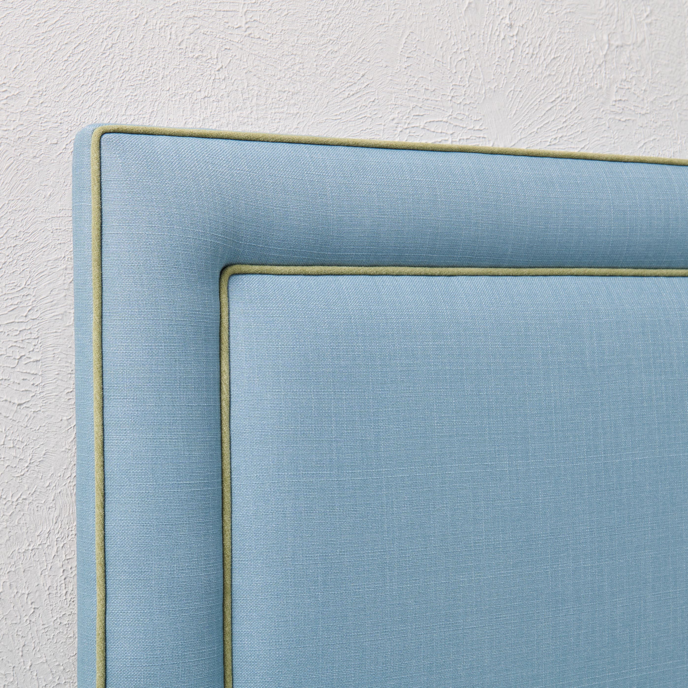 60" H Full Headboard in Blue Linen - Green Trim - Image 6