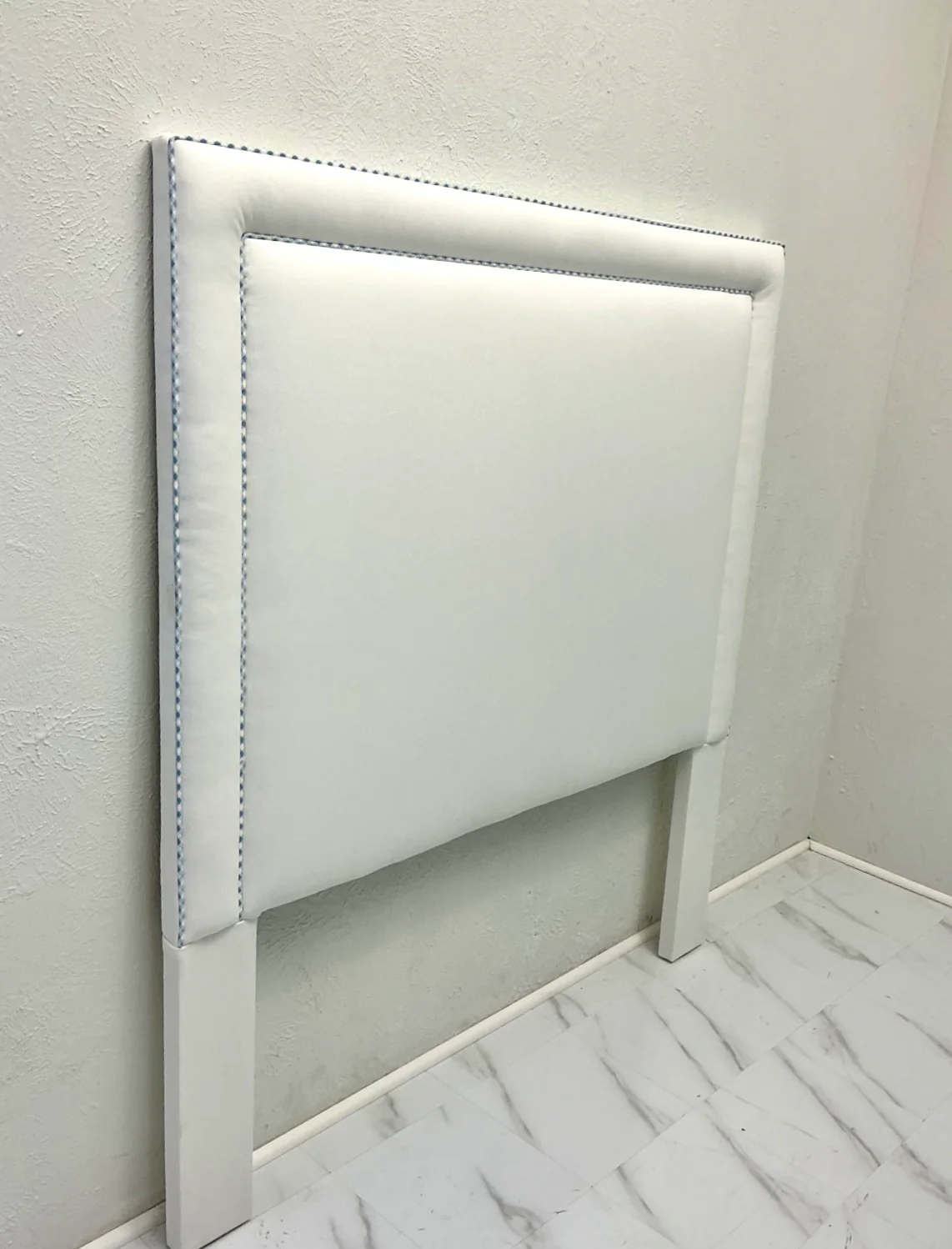 60" H Full Headboard in White Linen - Blue Gingham Trim - Image 3