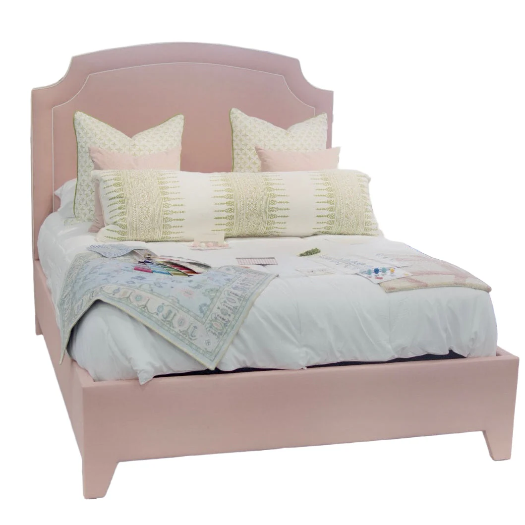 60âH Queen Platform Bed in our Blush Pink Linen with White Trim