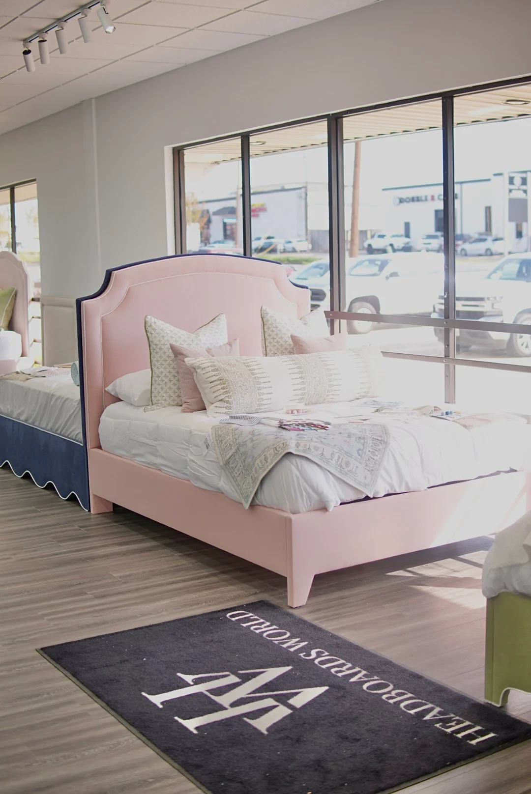 60âH Queen Platform Bed in our Blush Pink Linen with White Trim - Image 2