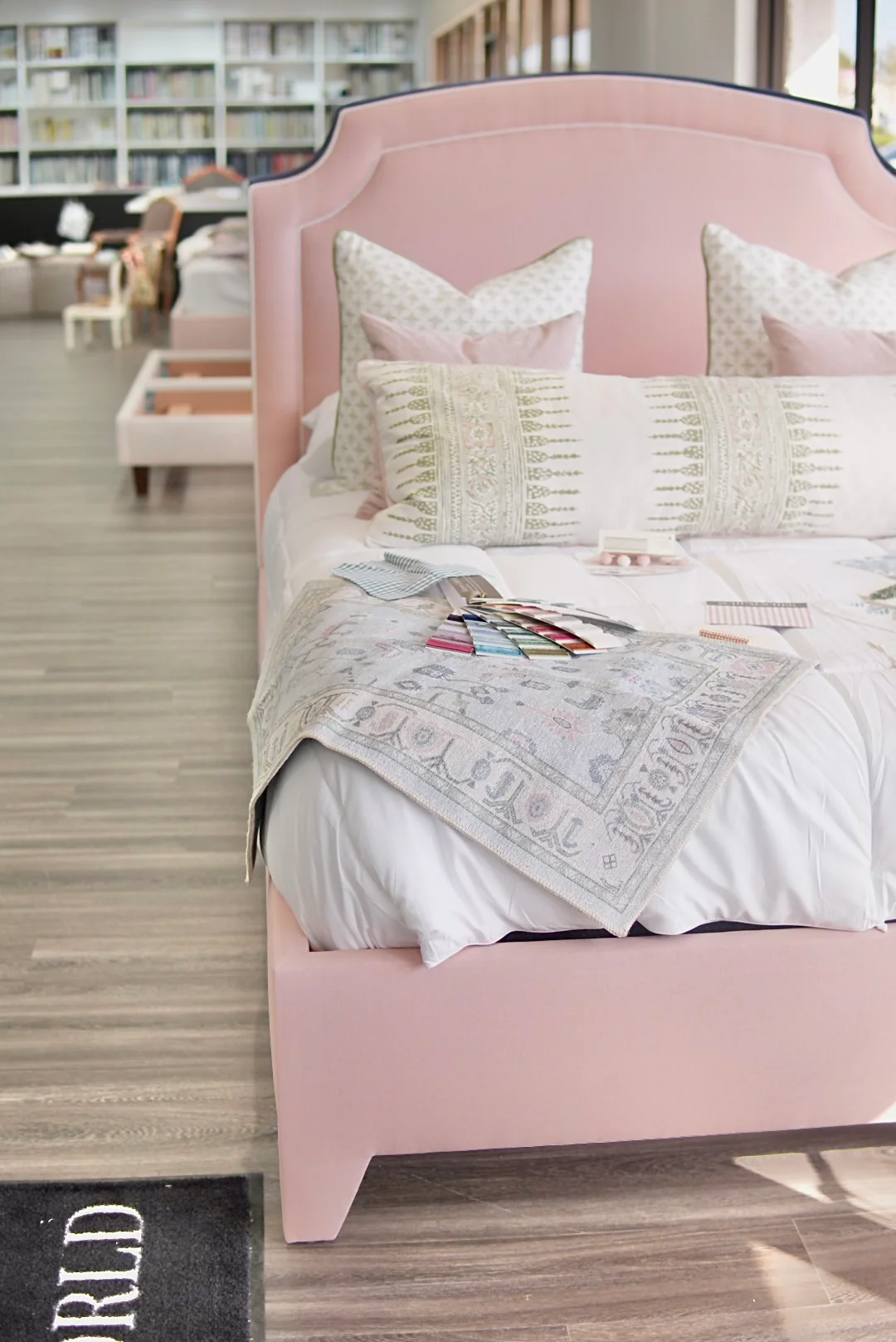 60âH Queen Platform Bed in our Blush Pink Linen with White Trim - Image 4