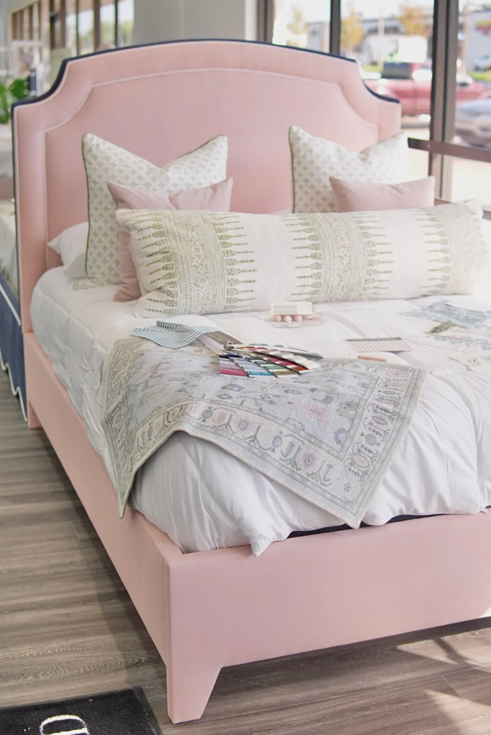 60âH Queen Platform Bed in our Blush Pink Linen with White Trim - Image 5