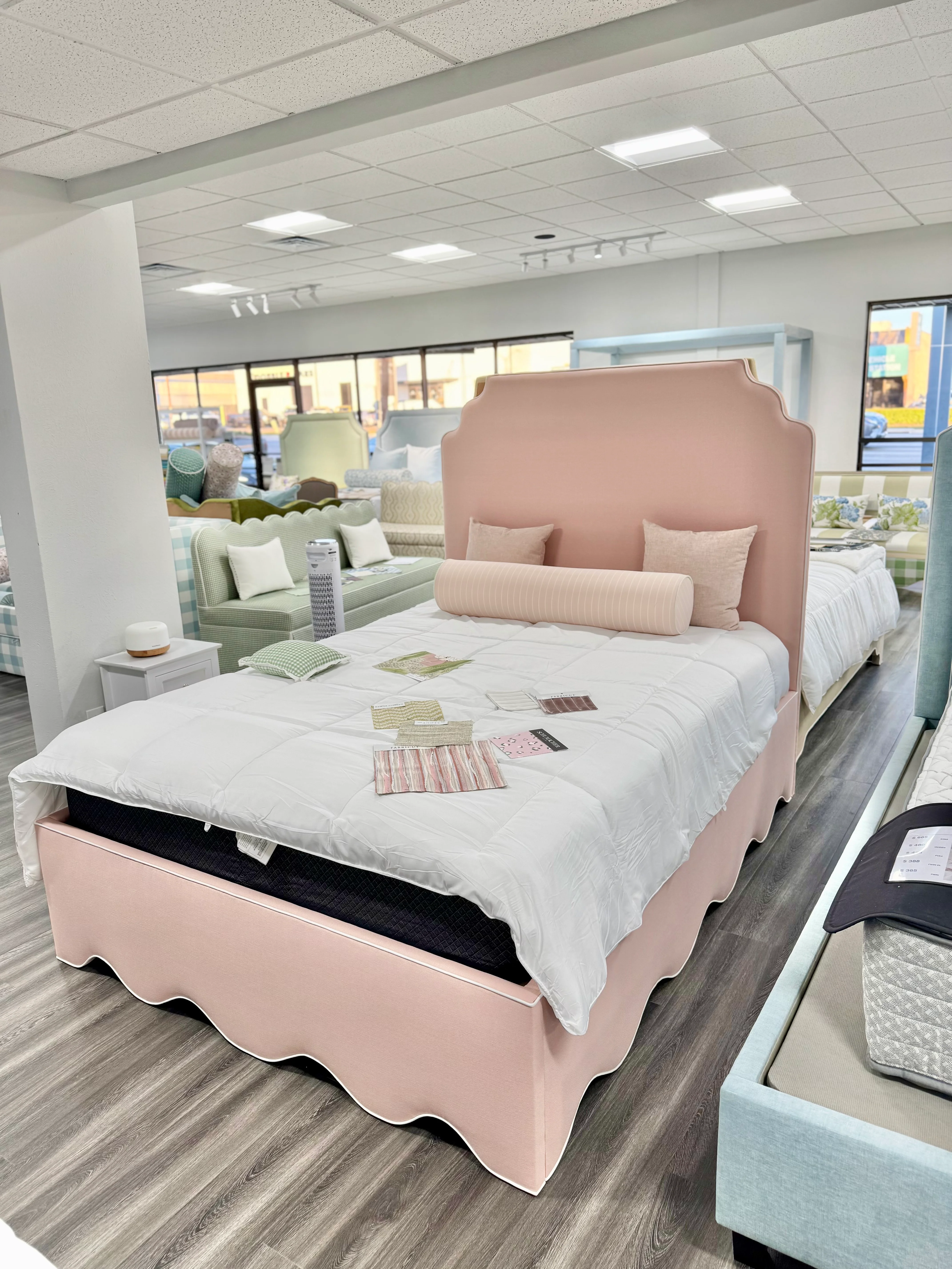 65”H Queen Upholstered Platform Bed - Blush Pink Linen Fabric with White Pink - Image 2