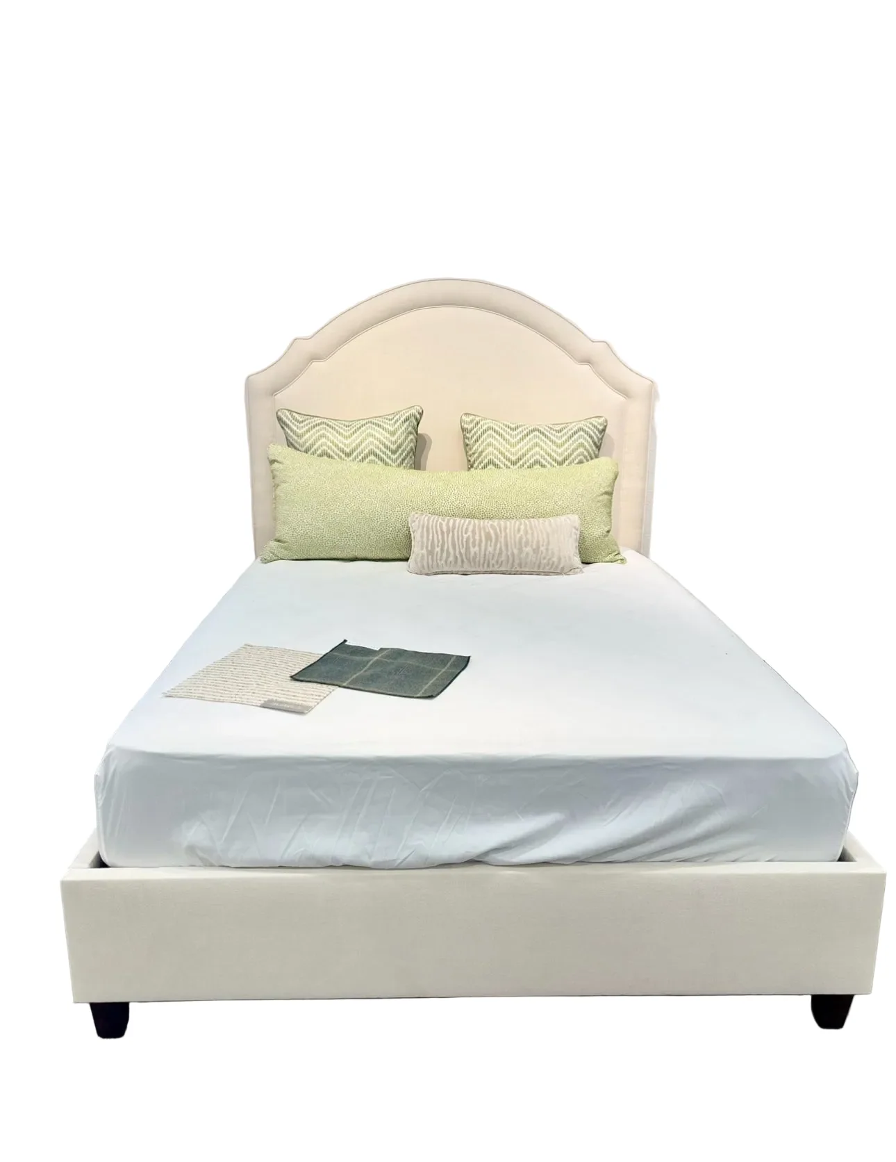 65" H Queen Upholstered Platform Bed - Brown Wooden Legs - Oatmeal Woven Fabric - Self Welted