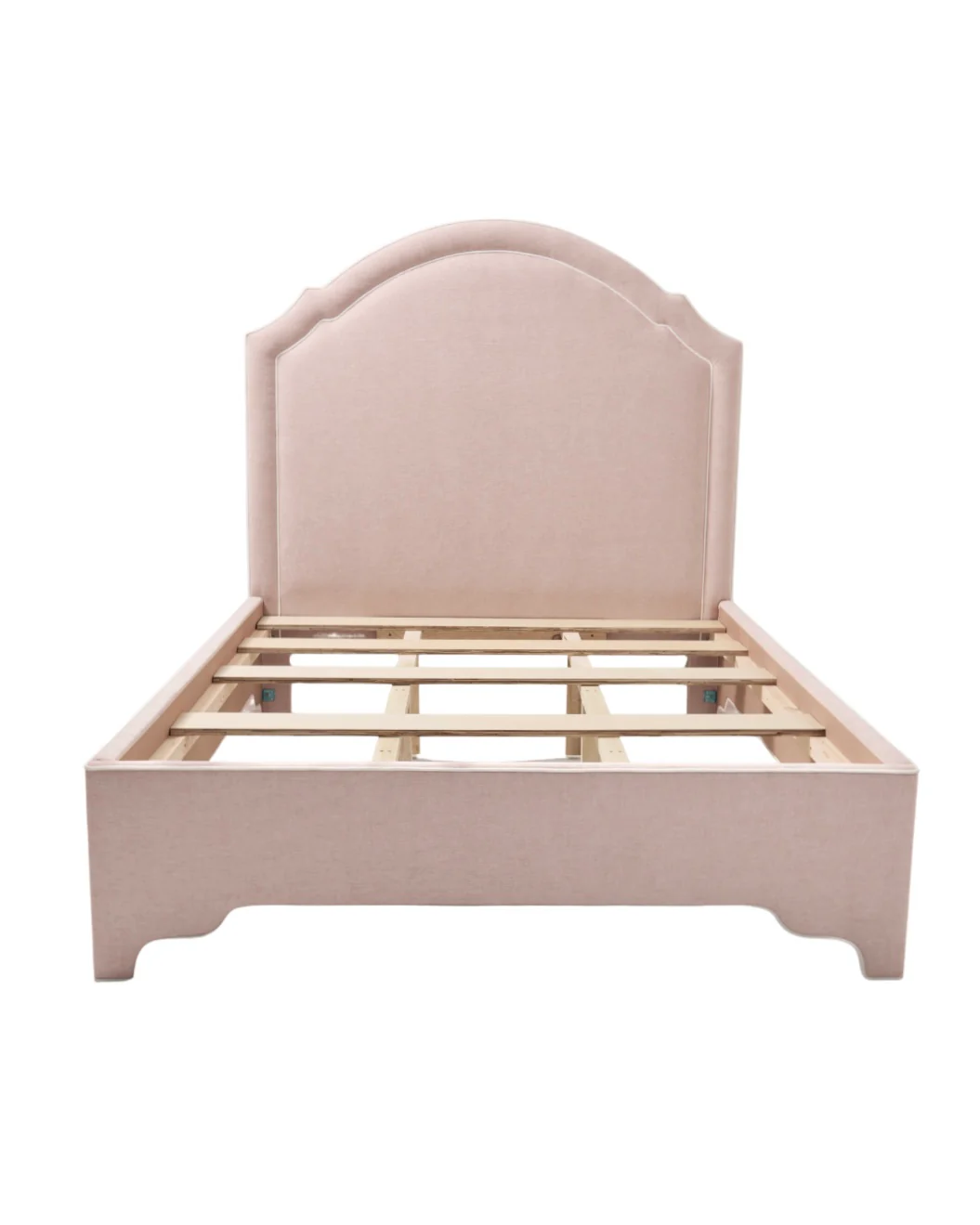 65" H Queen Upholstered Platform Bed - Pale Pink Chenille Fabric with White Trim