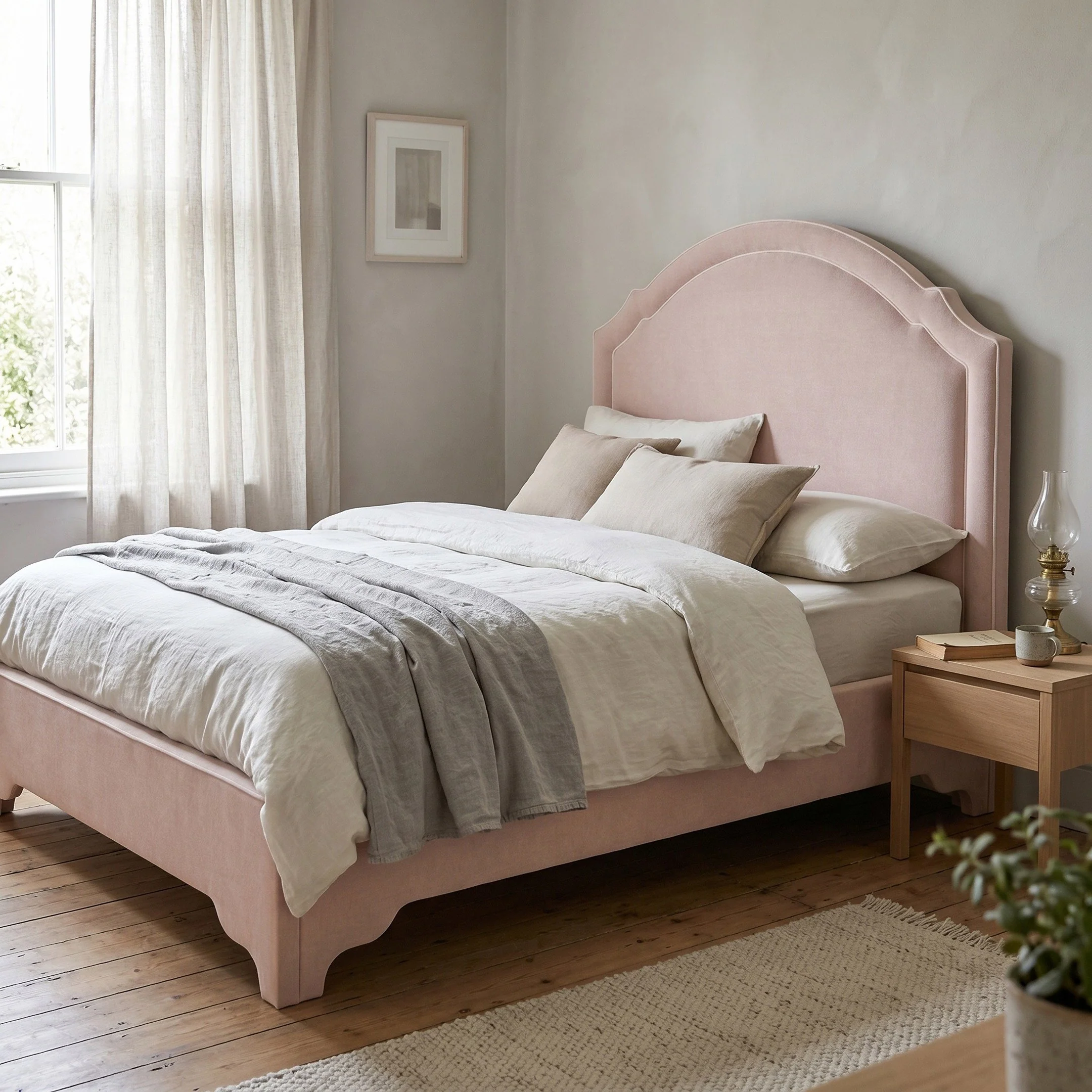 65" H Queen Upholstered Platform Bed - Pale Pink Chenille Fabric with White Trim - Image 2