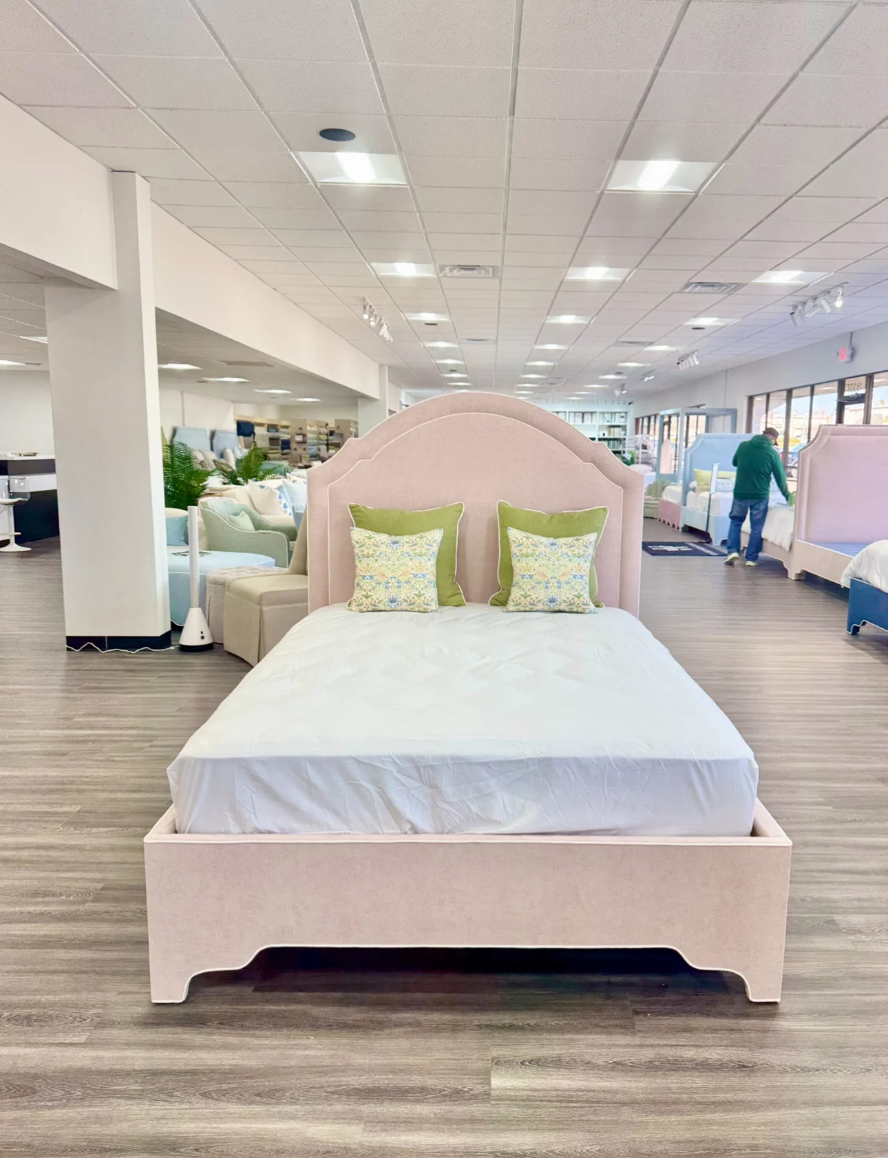 65" H Queen Upholstered Platform Bed - Pale Pink Chenille Fabric with White Trim - Image 4