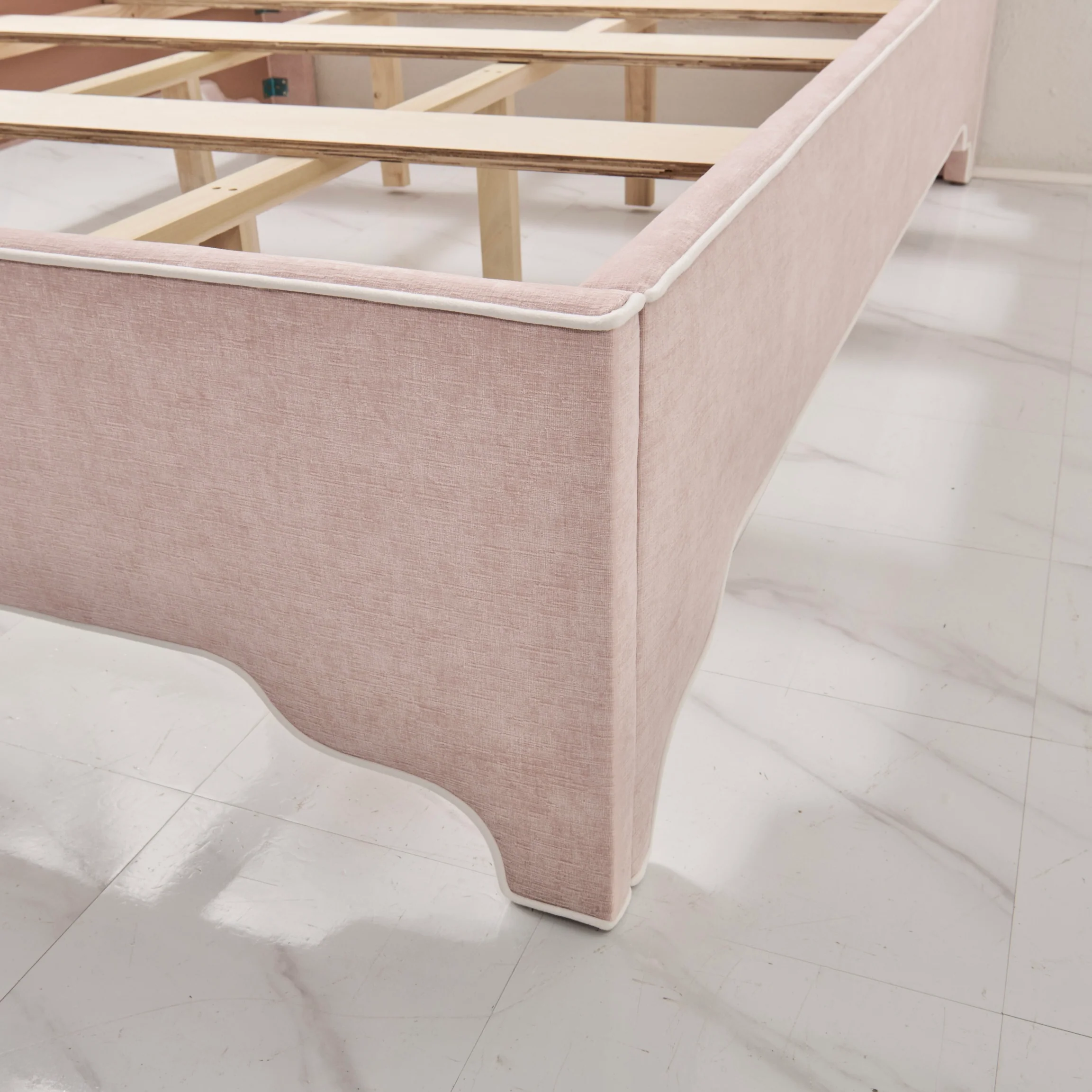 65”H Queen Upholstered Platform Bed - Scalloped Legs - Pale Pink Chenille with White Trim - Image 4