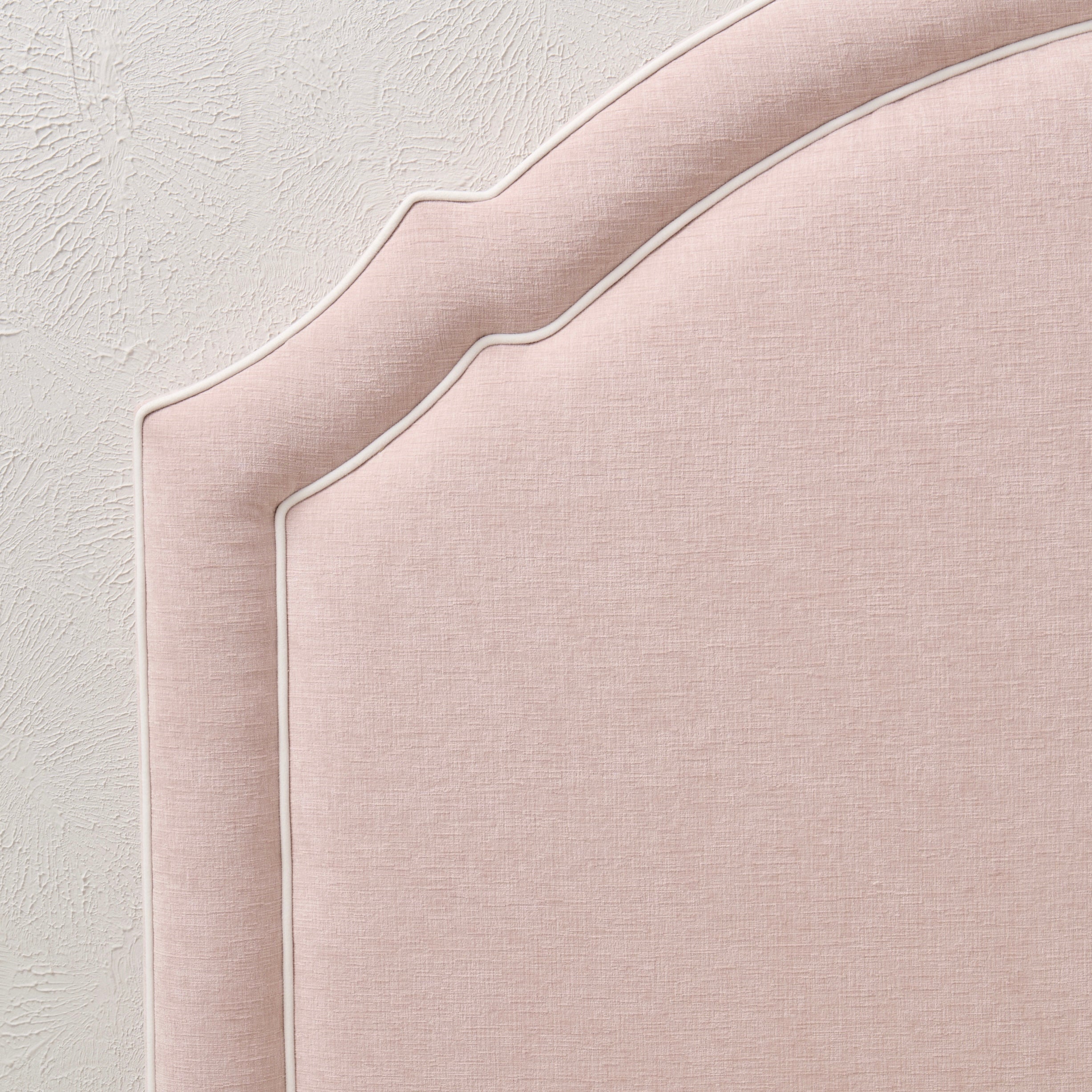 65" H Queen Upholstered Platform Bed - Pale Pink Chenille Fabric with White Trim - Image 6