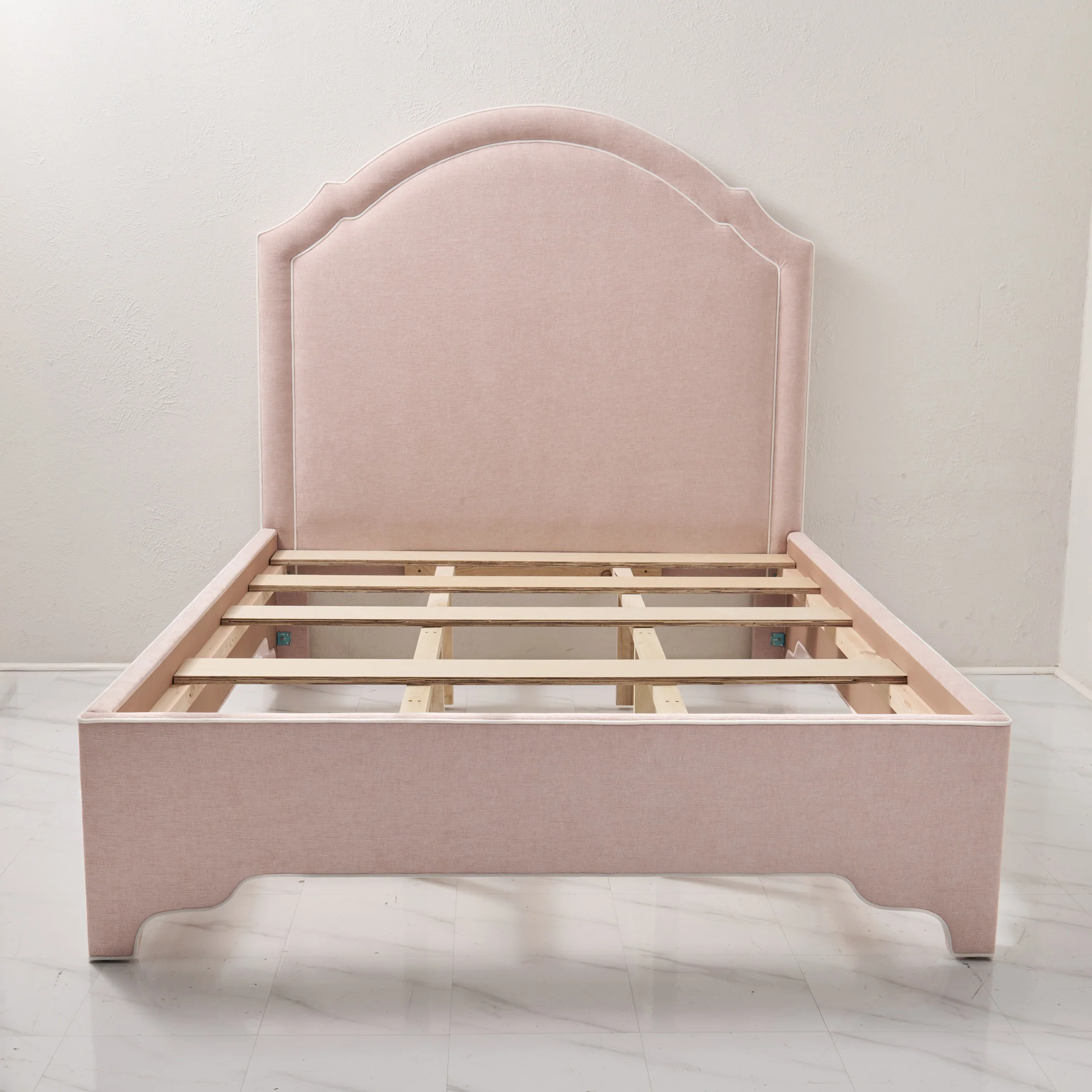 65" H Queen Upholstered Platform Bed - Pale Pink Chenille Fabric with White Trim - Image 7