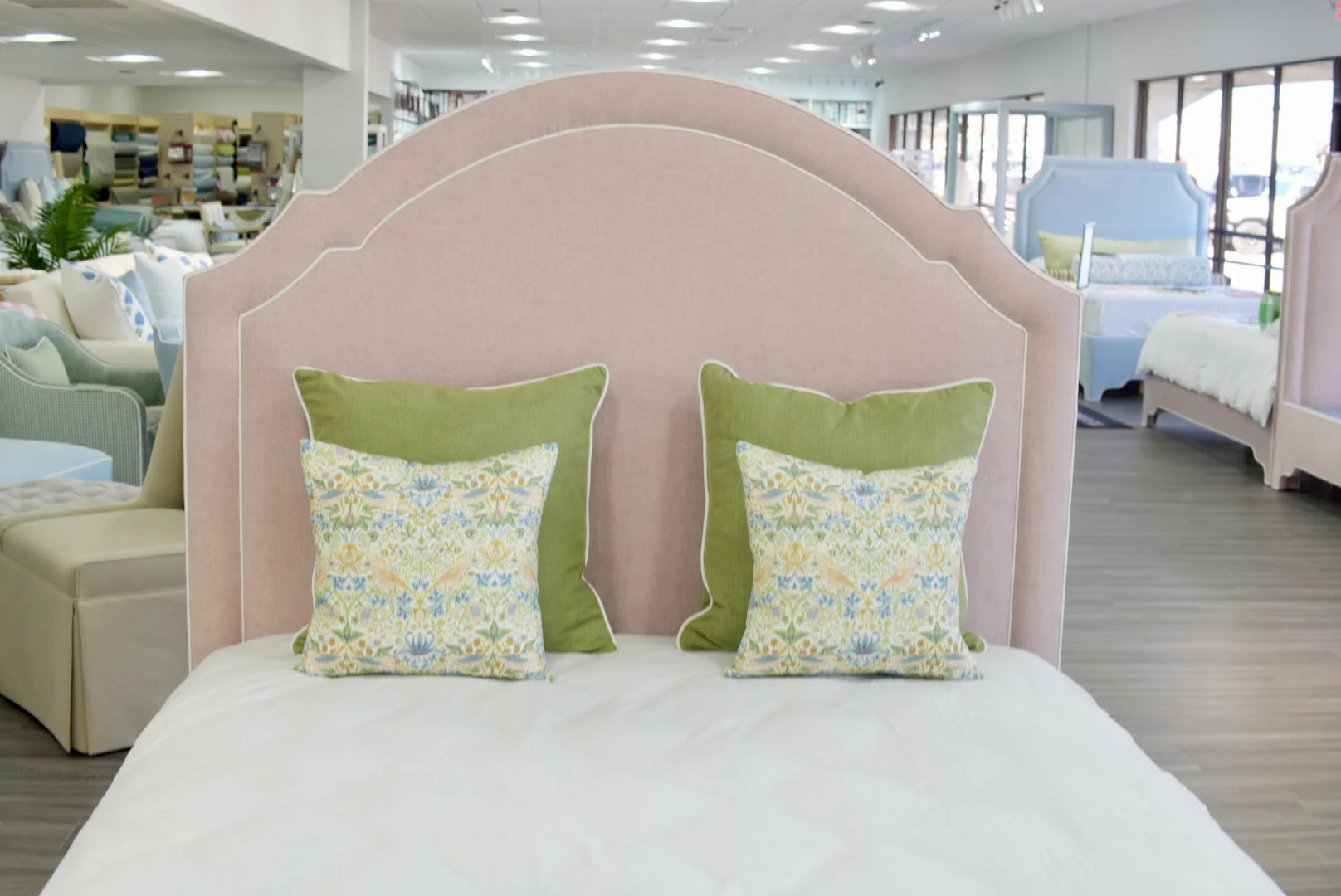 65" H Queen Upholstered Platform Bed - Pale Pink Chenille Fabric with White Trim - Image 8