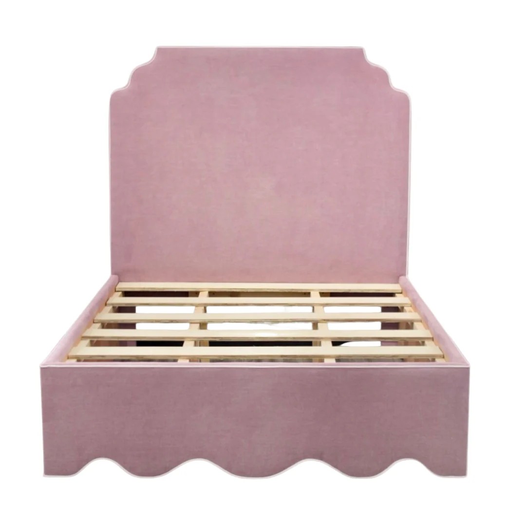60”H Queen Upholstered Platform Bed - Scalloped Base - Lavender Woven Fabric with White Pink