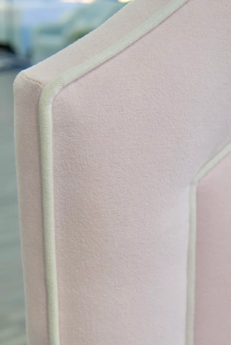 65”H Queen Upholstered Platform Bed - Wooden Legs - Powder Pink Woven Fabric with White Pink - Image 5