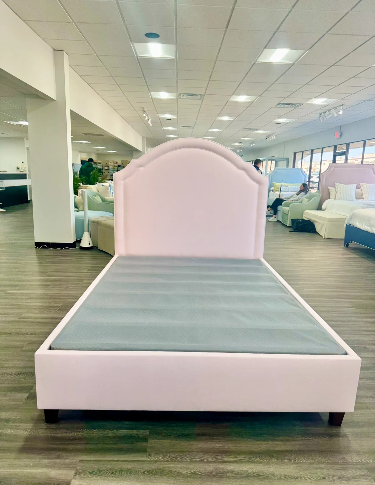 65”H Queen Upholstered Platform Bed - Wooden Legs - Powder Pink Woven Fabric with White Pink - Image 6