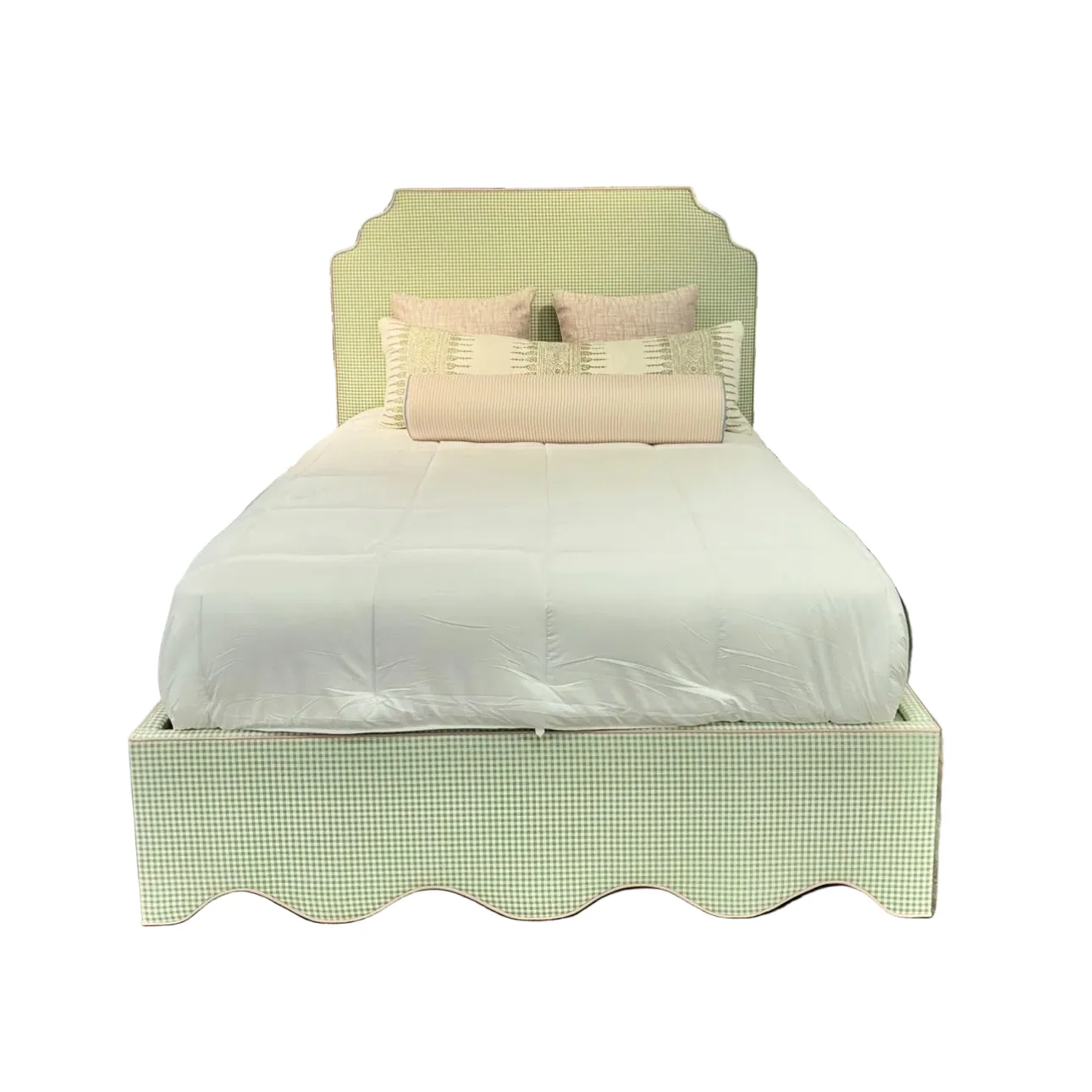 65āH Queen Upholstered Platform Bed - Scalloped Base - Sage Green Gingham Fabric with Blush Pink