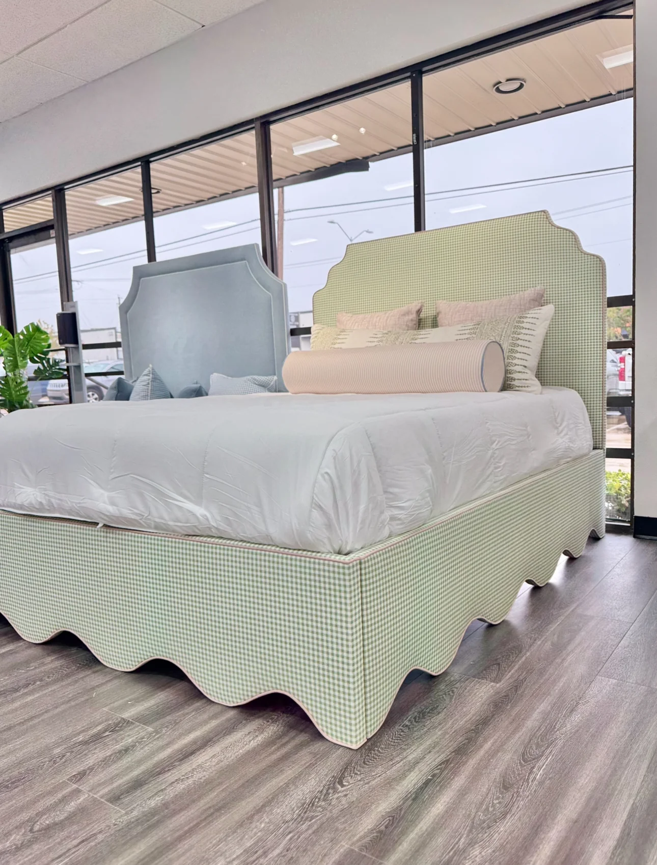 65āH Queen Upholstered Platform Bed - Scalloped Base - Sage Green Gingham Fabric with Blush Pink - Image 2