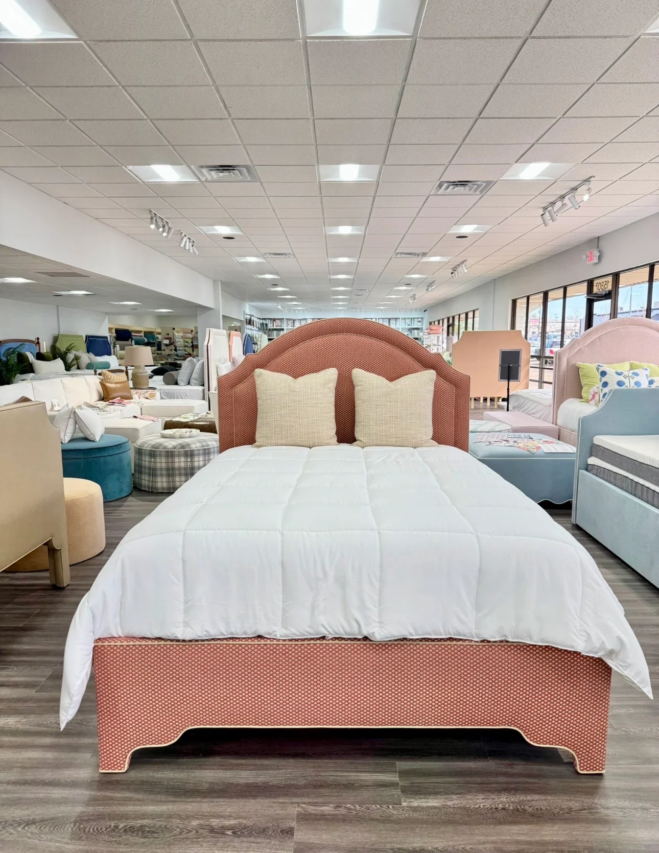 60”H Queen Upholstered Platform Bed - Scalloped Legs - Schumacher Fabric - Cream Trim - Image 2