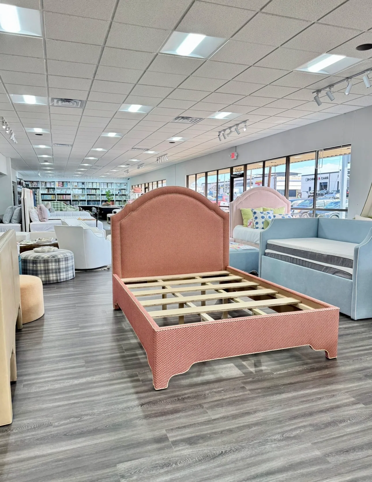60”H Queen Upholstered Platform Bed - Scalloped Legs - Schumacher Fabric - Cream Trim - Image 5