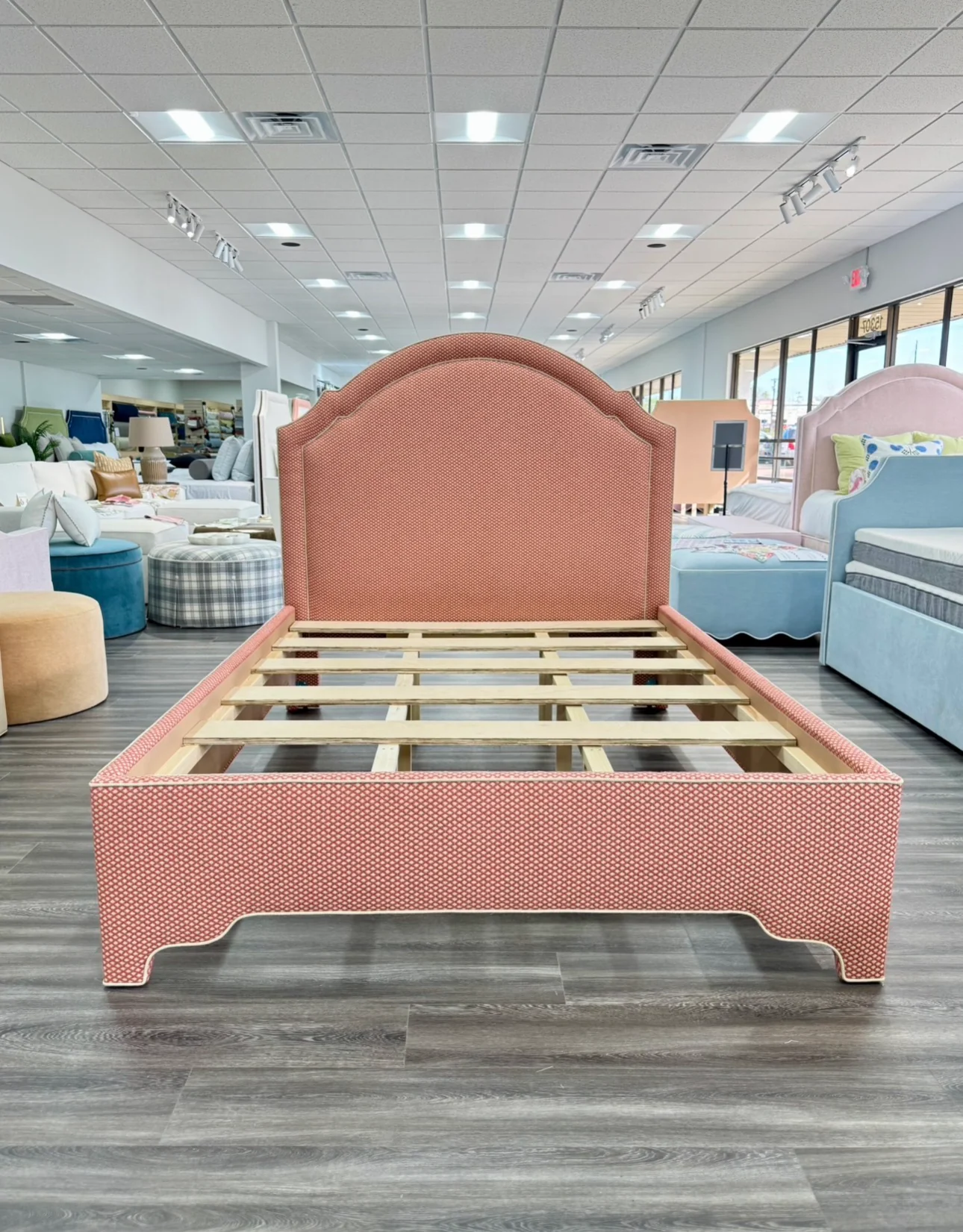 60”H Queen Upholstered Platform Bed - Scalloped Legs - Schumacher Fabric - Cream Trim - Image 6