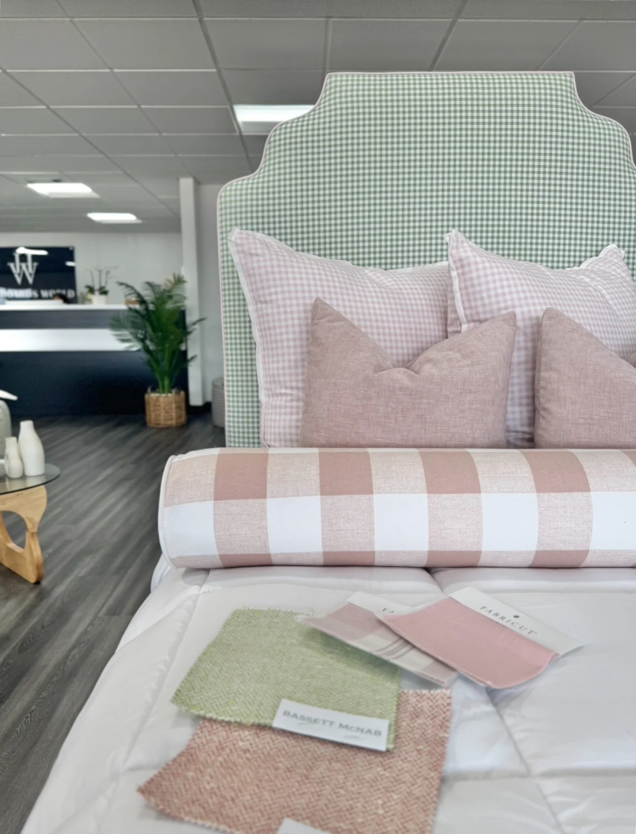 60”H Standard Twin Upholstered Platform Bed - Sage Green Gingham Fabric with Blush Pink Trim - Image 4