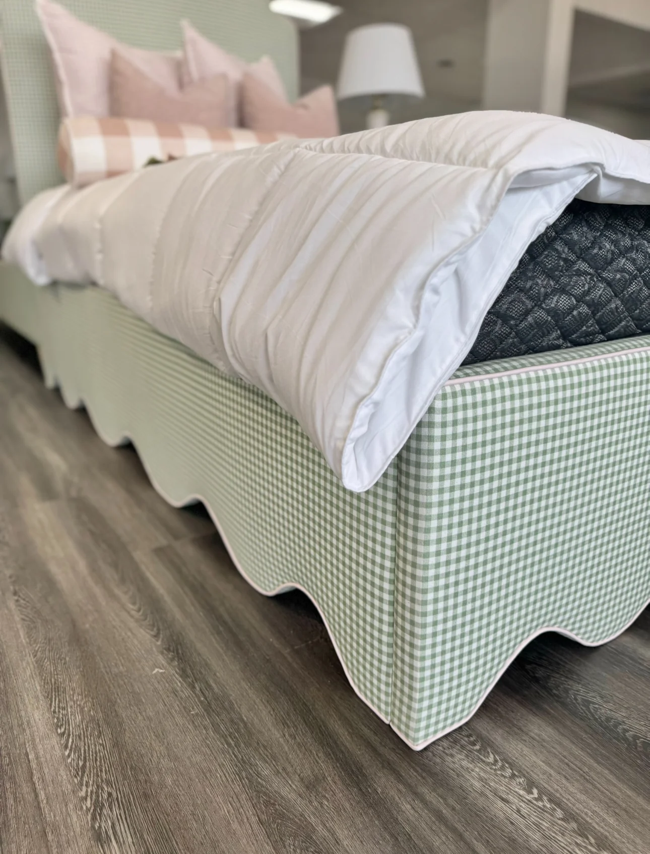 60”H Standard Twin Upholstered Platform Bed - Sage Green Gingham Fabric with Blush Pink Trim - Image 5