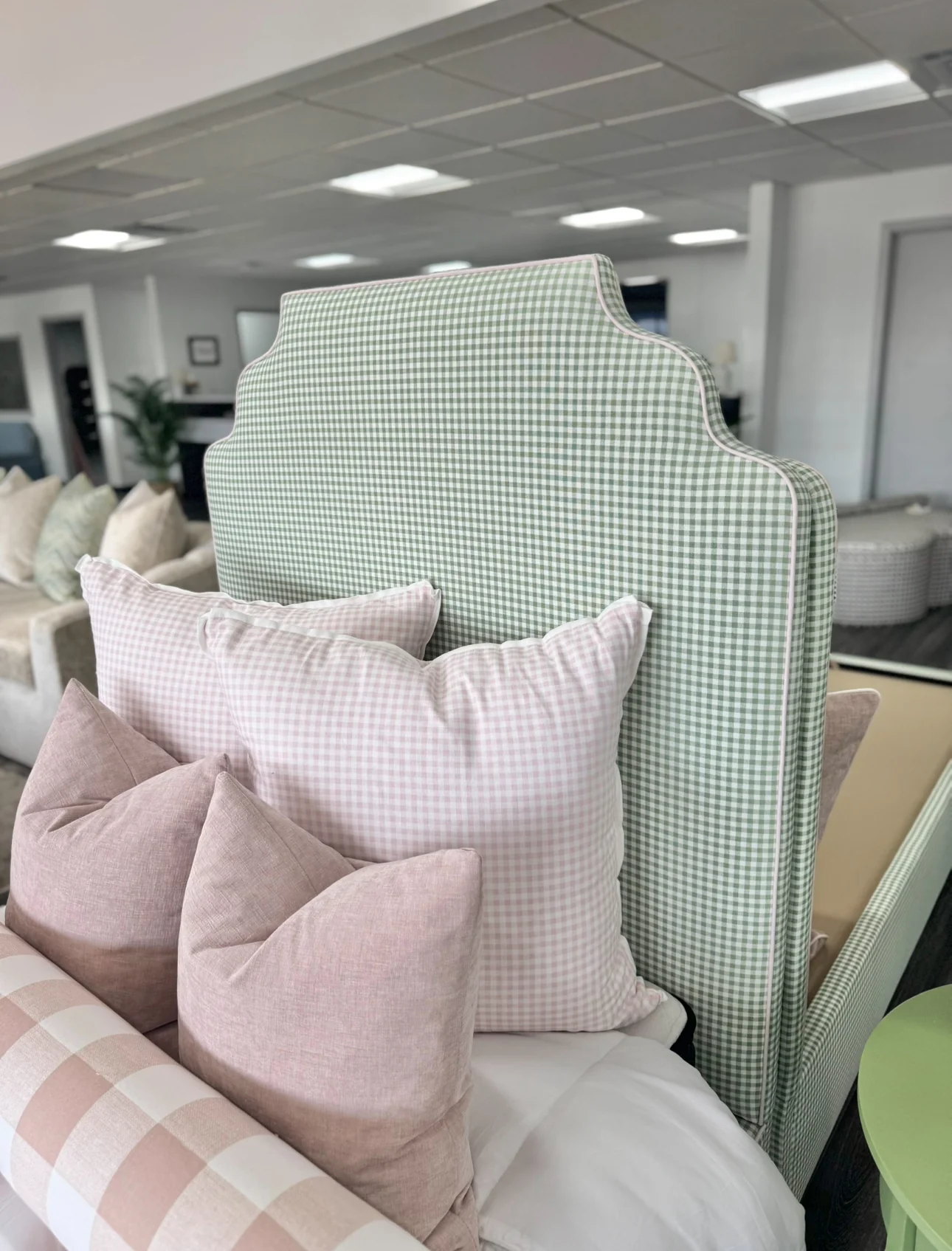 60”H Standard Twin Upholstered Platform Bed - Sage Green Gingham Fabric with Blush Pink Trim - Image 6