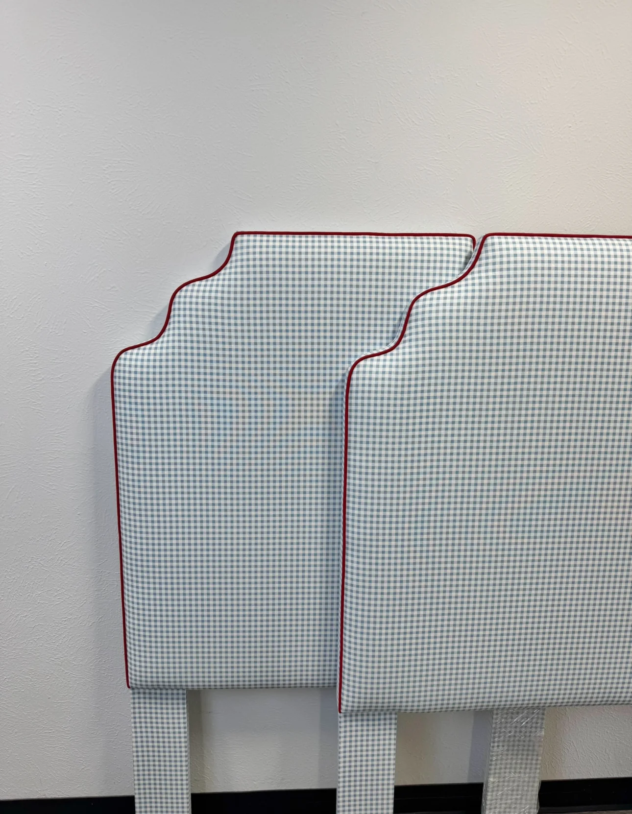 60” H Twin Headboard in Blue Gingham Fabric - Red Trim - Image 3