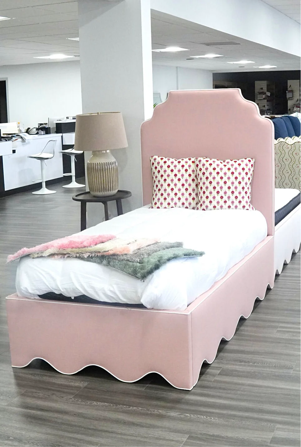 60”H Twin Scalloped Platform Bed in our Blush Pink Linen - White Trim - Image 10