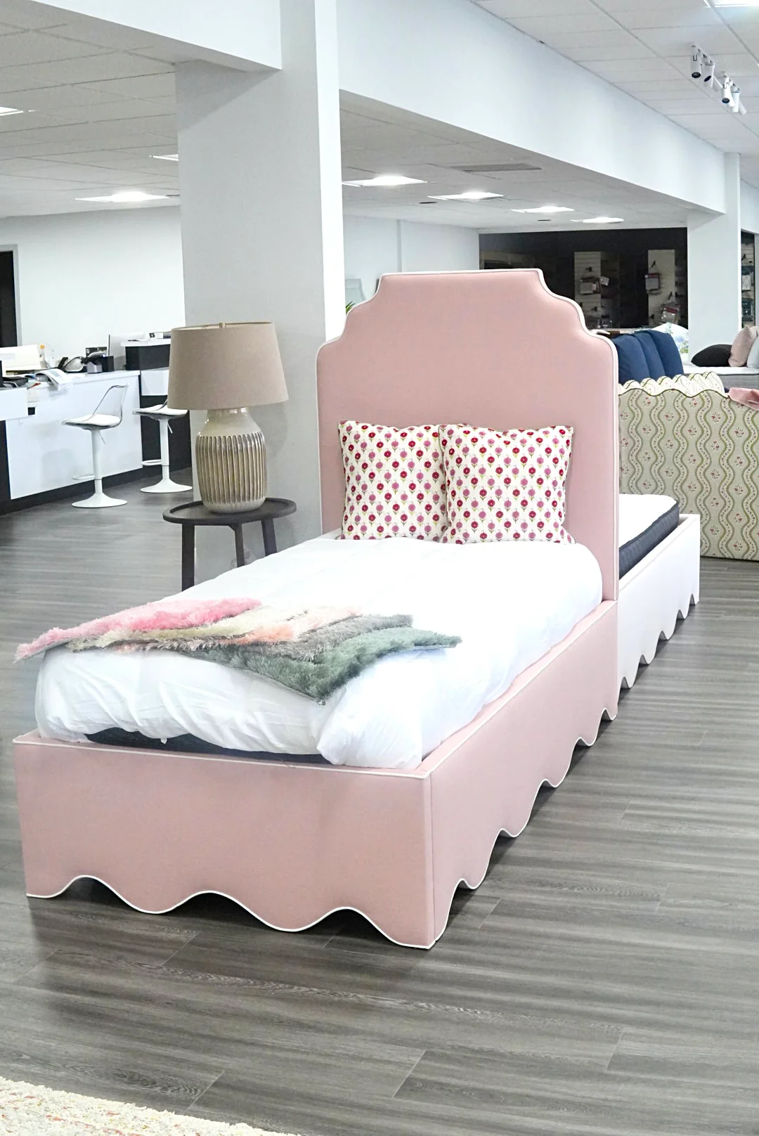 60”H Twin Scalloped Platform Bed in our Blush Pink Linen - White Trim - Image 2