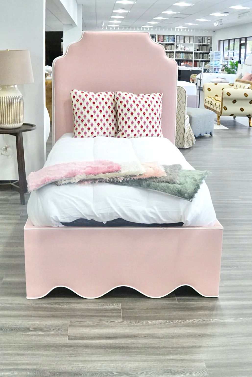 60”H Twin Scalloped Platform Bed in our Blush Pink Linen - White Trim - Image 3
