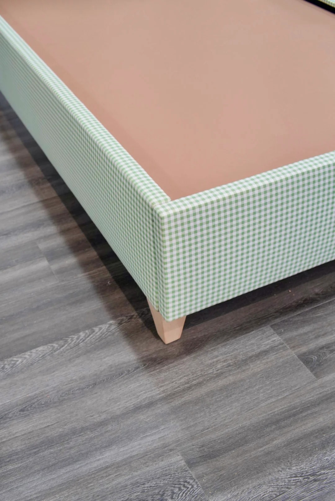 60”H Twin Size Platform Upholstered Bed - Sage Green Gingham Fabric - Pink Pink Trim - Image 5