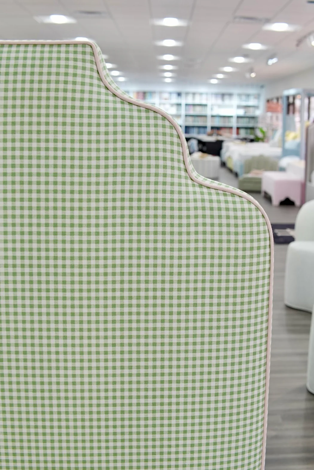 60”H Twin Size Platform Upholstered Bed - Sage Green Gingham Fabric - Pink Pink Trim - Image 7