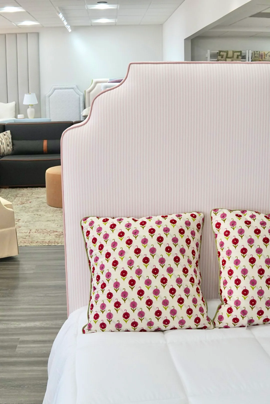 65”H Twin Upholstered Platform Base Bed - Scalloped Base - Classic Ticking Pink Fabric with Pink Trim - Image 2