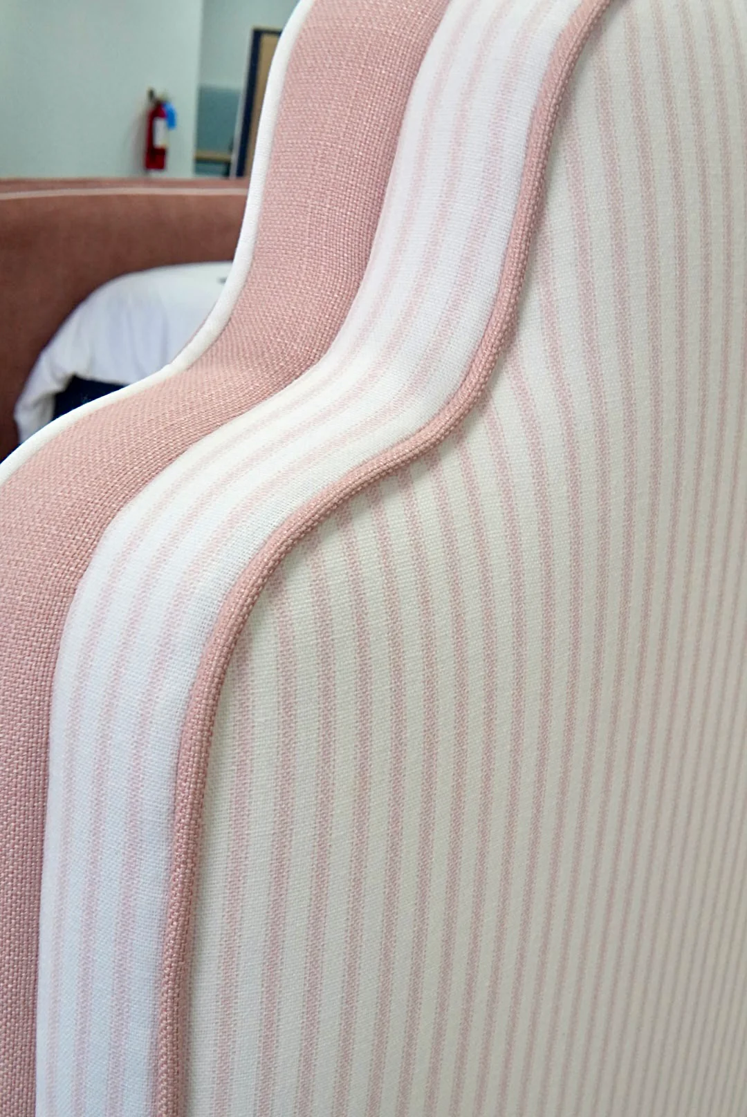 65”H Twin Upholstered Platform Base Bed - Scalloped Base - Classic Ticking Pink Fabric with Pink Trim - Image 4