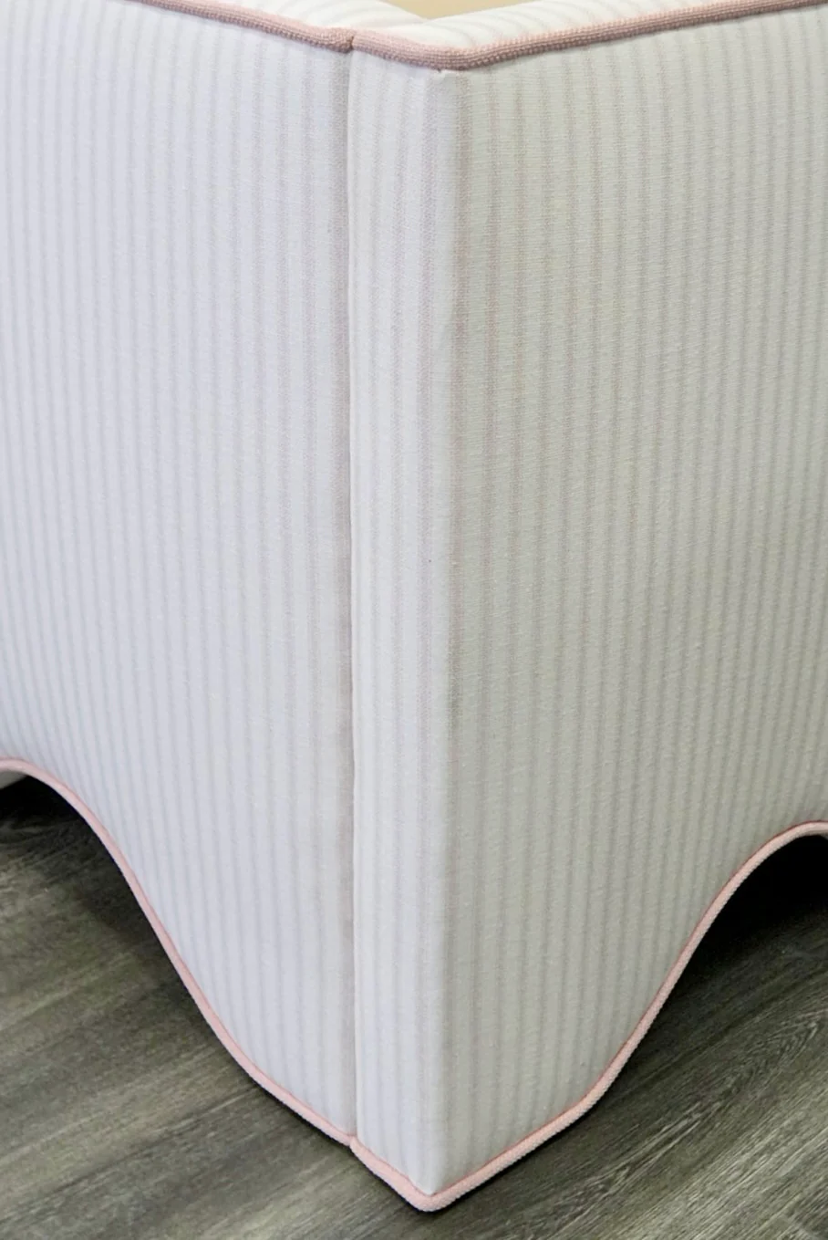 65”H Twin Upholstered Platform Base Bed - Scalloped Base - Classic Ticking Pink Fabric with Pink Trim - Image 5