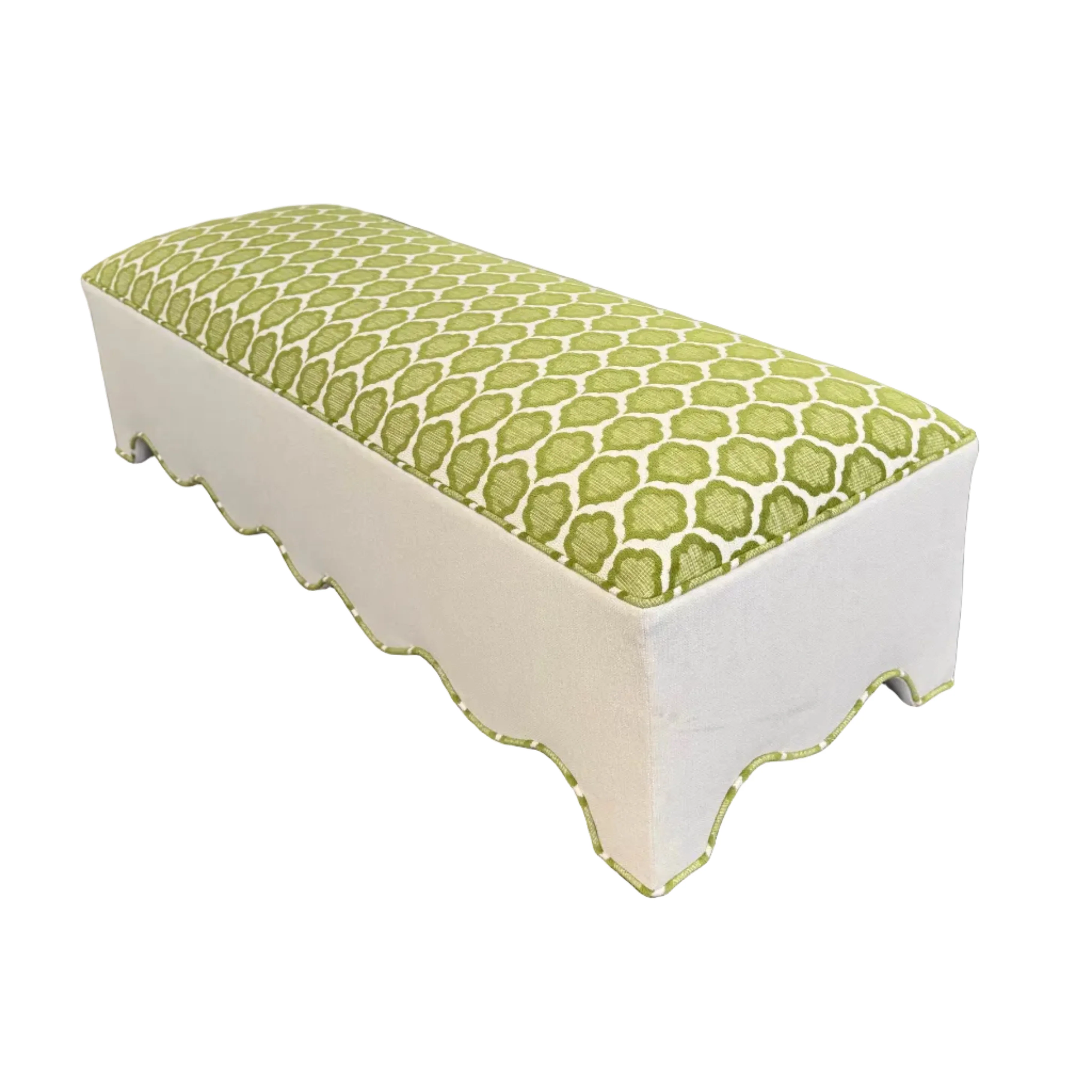 60ā L Scalloped End of Bed Bench in Green Thibaut Fabric