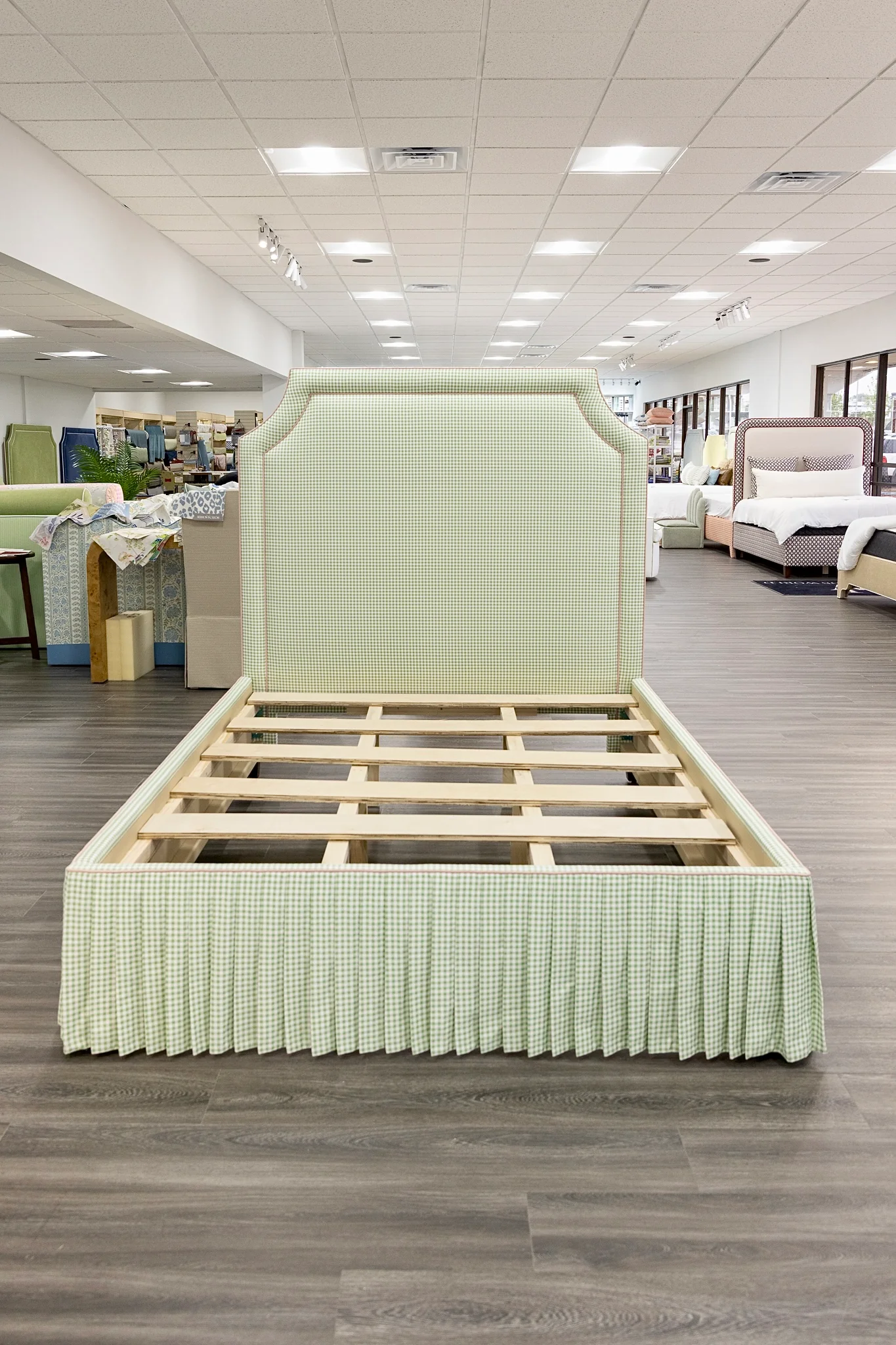 65" Queen Upholstered Platform Bed - Skirted Base - Sage Green Gingham Fabric with Blush Pink Trim - Image 10