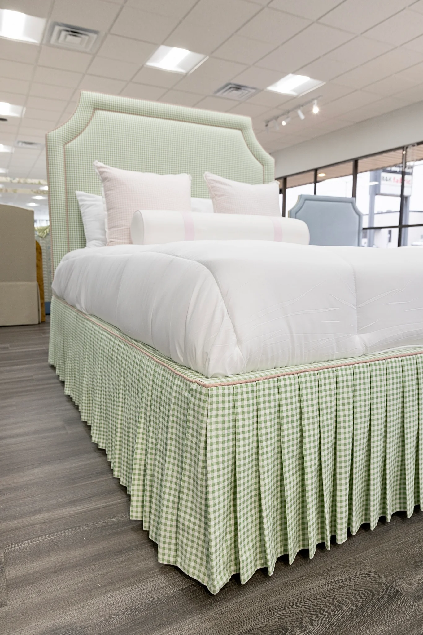 65" Queen Upholstered Platform Bed - Skirted Base - Sage Green Gingham Fabric with Blush Pink Trim - Image 5