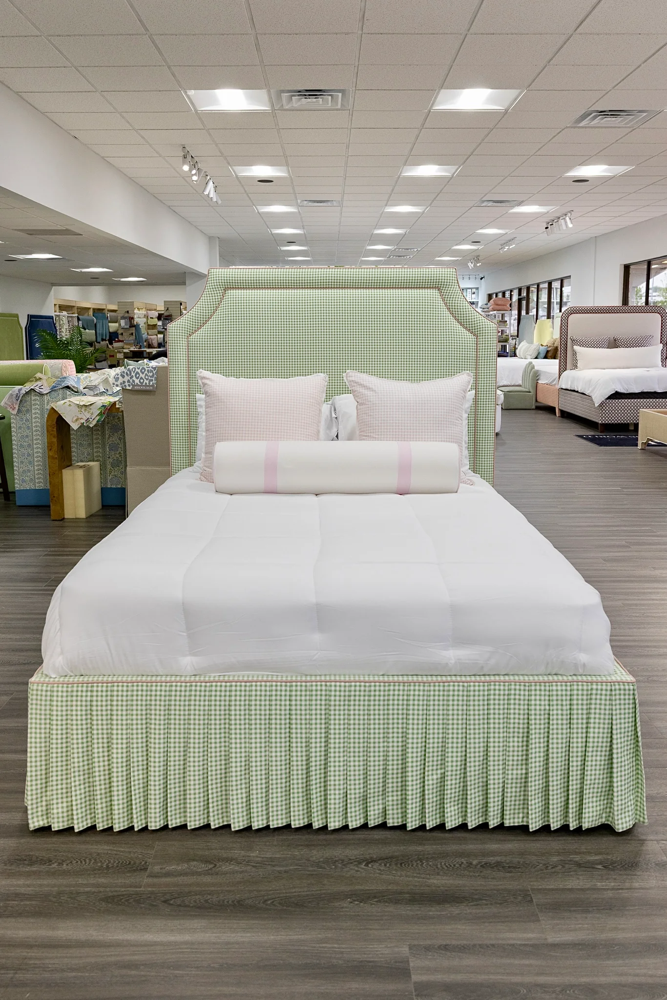 65" Queen Upholstered Platform Bed - Skirted Base - Sage Green Gingham Fabric with Blush Pink Trim - Image 7