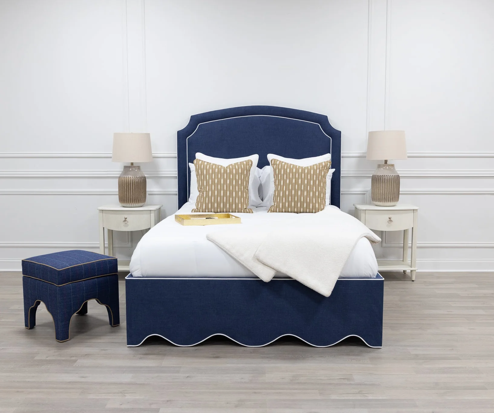 65"H Queen Upholstered Platform Bed - Scalloped Base - Navy Woven Fabric with White Trim - Image 10