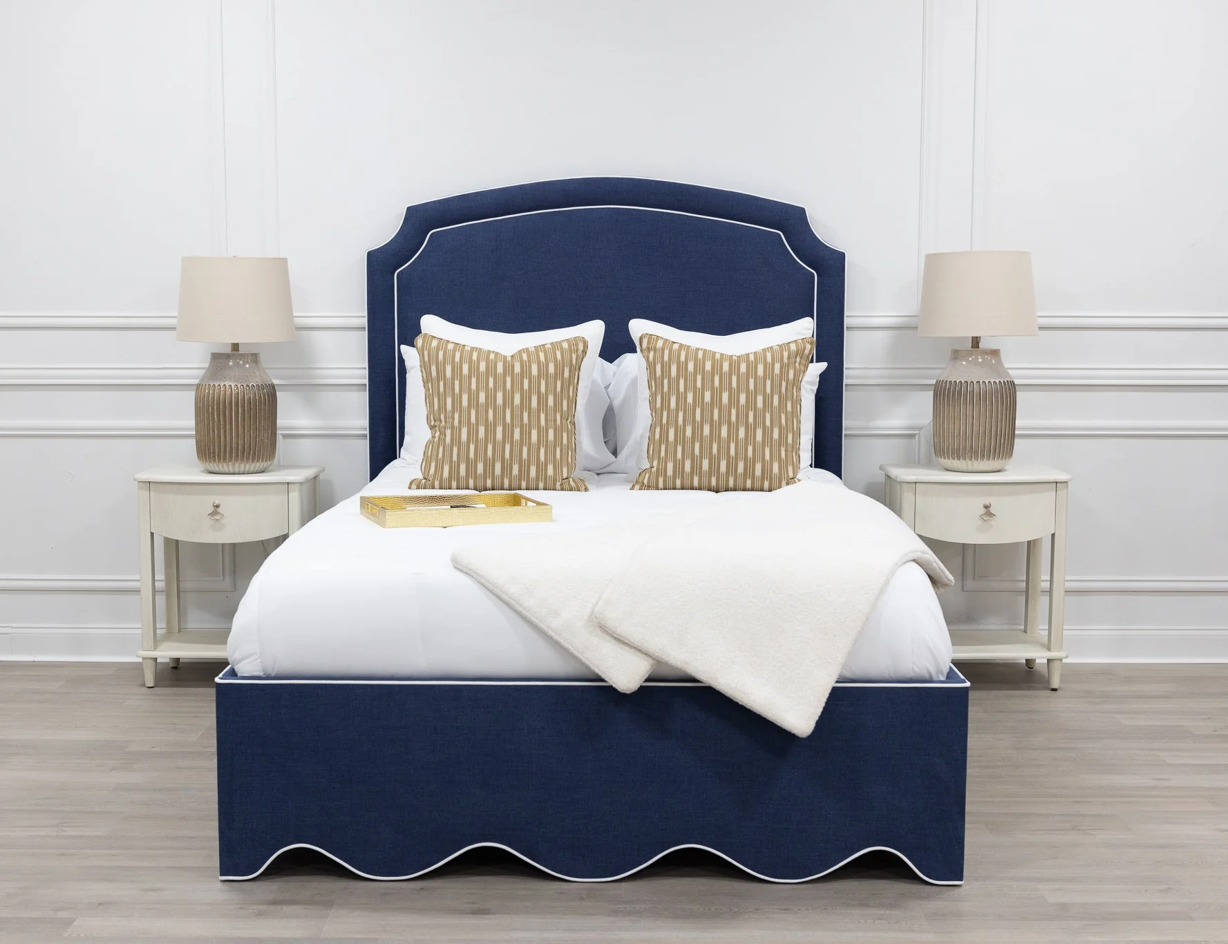 65"H Queen Upholstered Platform Bed - Scalloped Base - Navy Woven Fabric with White Trim - Image 2