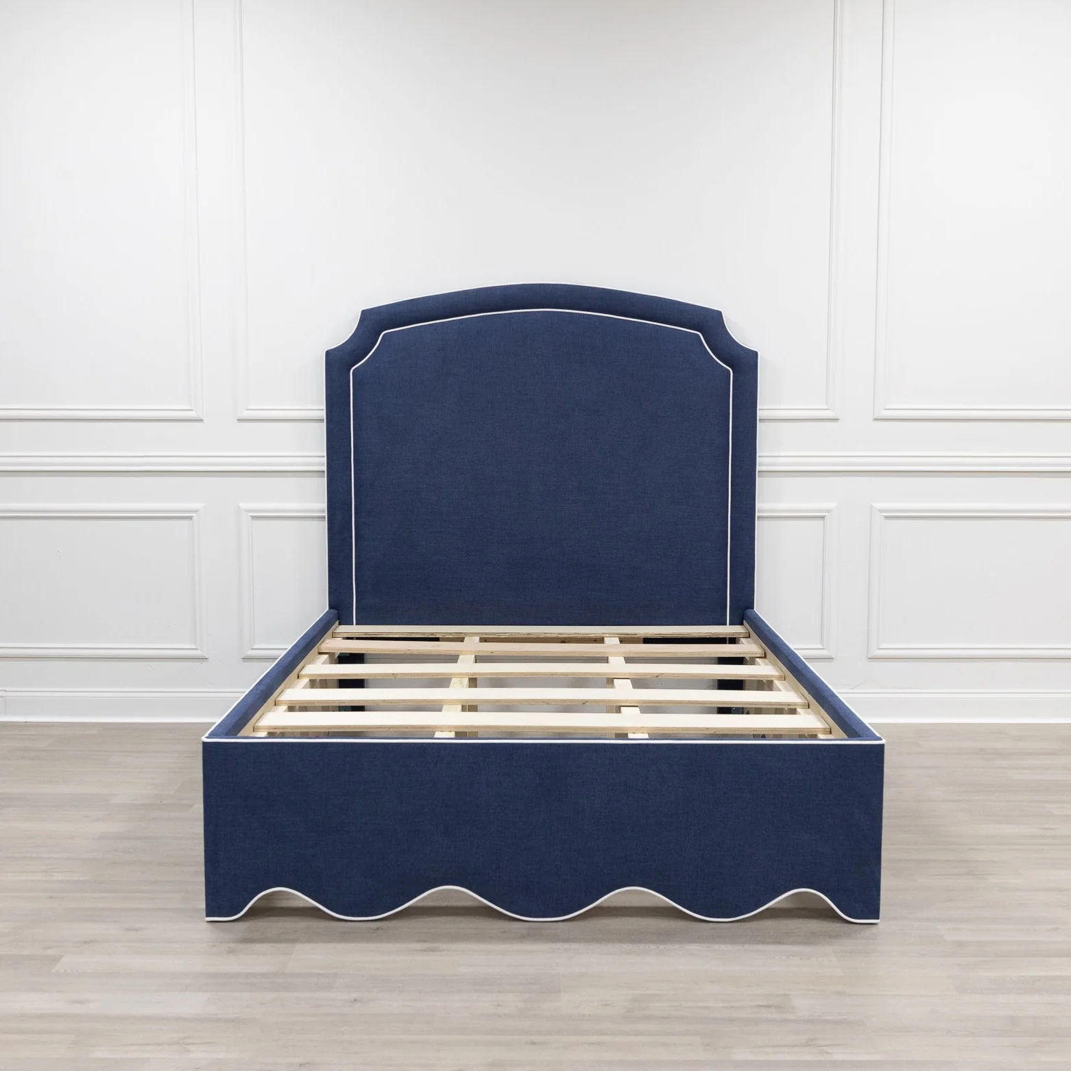 65"H Queen Upholstered Platform Bed - Scalloped Base - Navy Woven Fabric with White Trim - Image 8