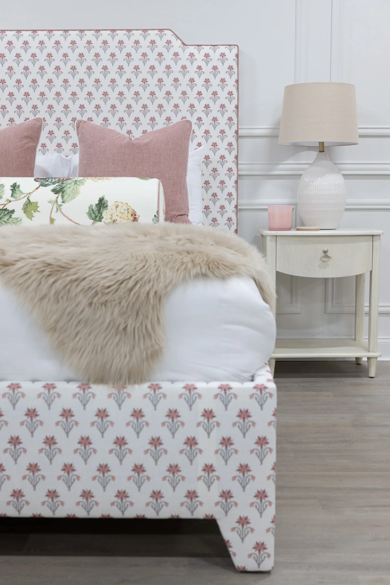 The Celeste Queen Upholstered Platform Bed - Pink Floral Linen Fabric - Petal Pink Trim - Image 2