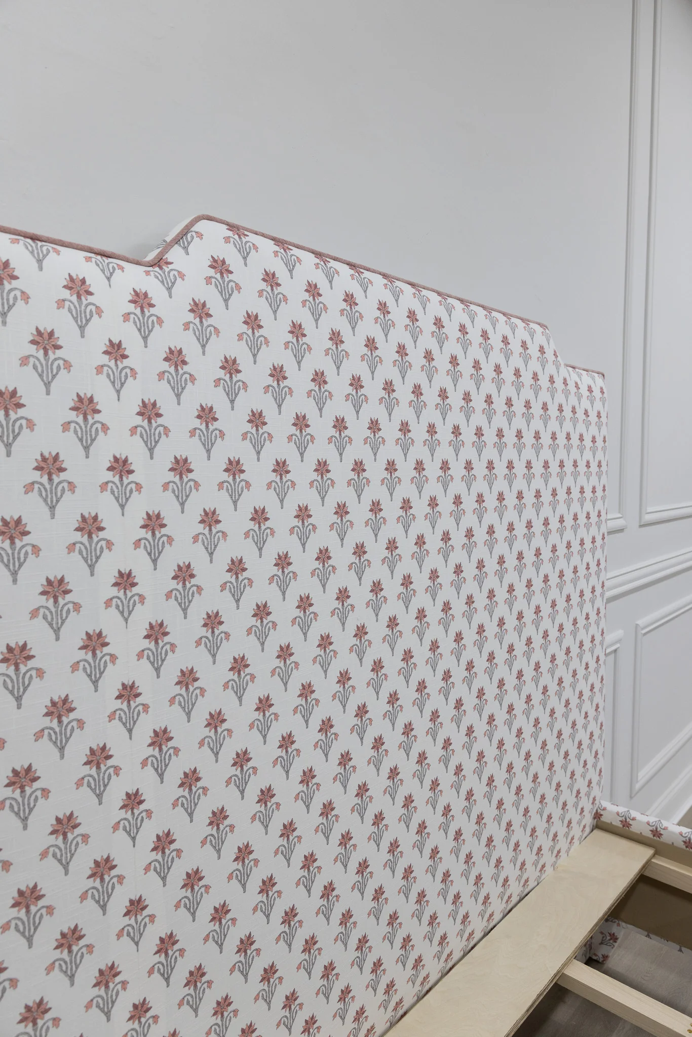 The Celeste Queen Upholstered Platform Bed - Pink Floral Linen Fabric - Petal Pink Trim - Image 8