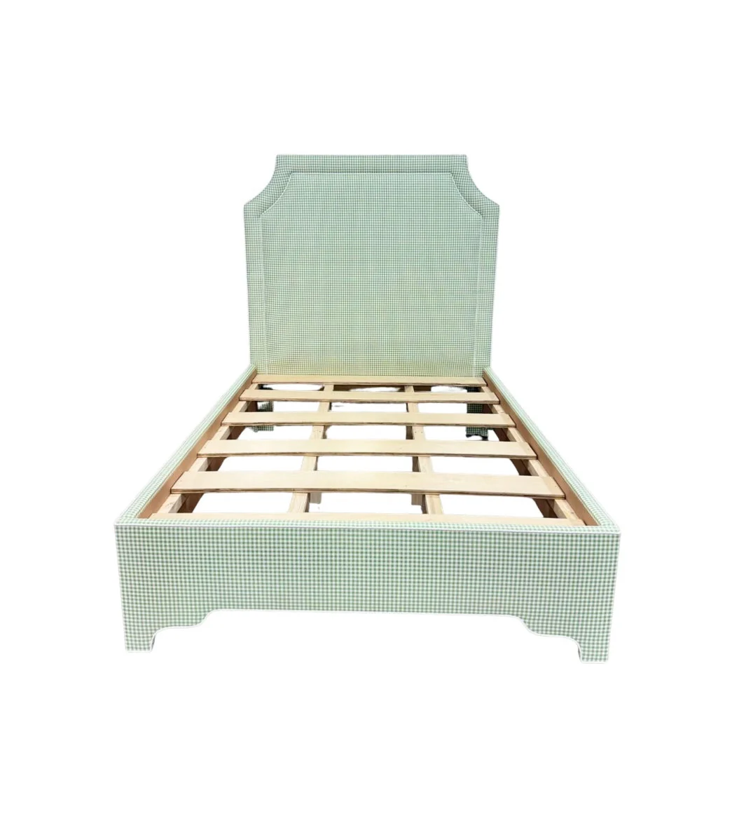65”H Full Size Platform Upholstered Bed - Sage Green Gingham Fabric - White Trim